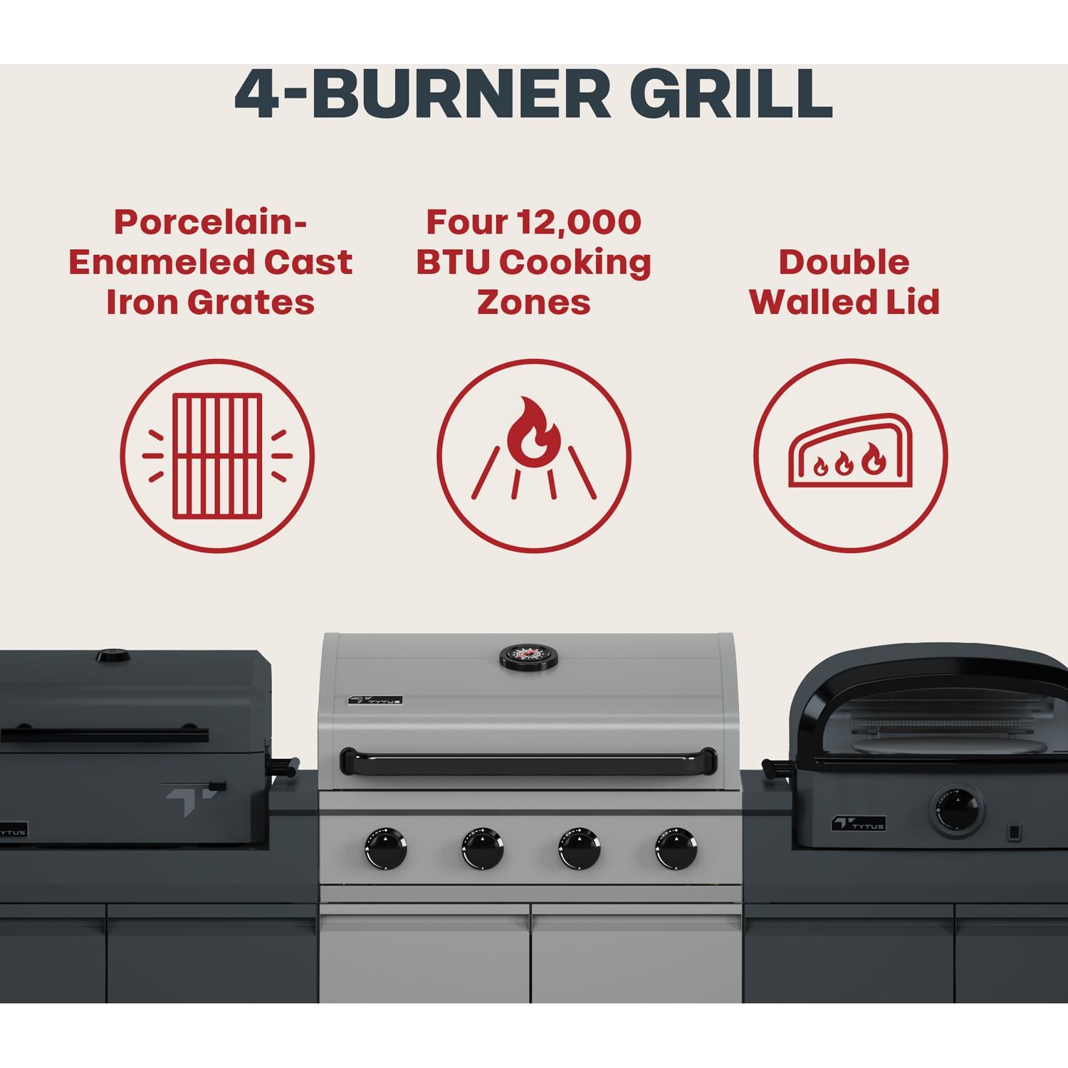 TYTUS TDT-BUN-065 Modular Trio w/ 4-Burner Gas Grill, Charcoal Grill & Gas Pizza Oven - 4 Burner Grill Features 2 - Detail thumbnail