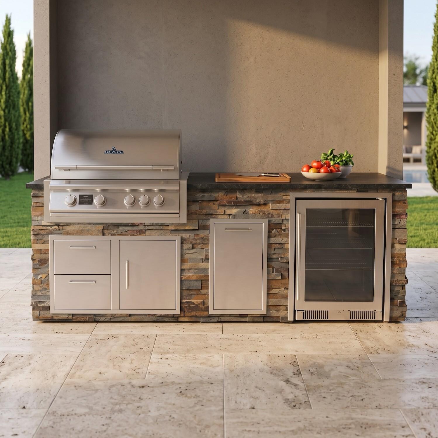 BBQGuys Signature 8 Ft Grill Island w/ 32 Inch Propane Blaze Premium LTE Pro Grill, Beverage Center, Double Trash Bin & Door & Drawer | Gold Rush w/ Black Granite - Front - Lifestyle thumbnail