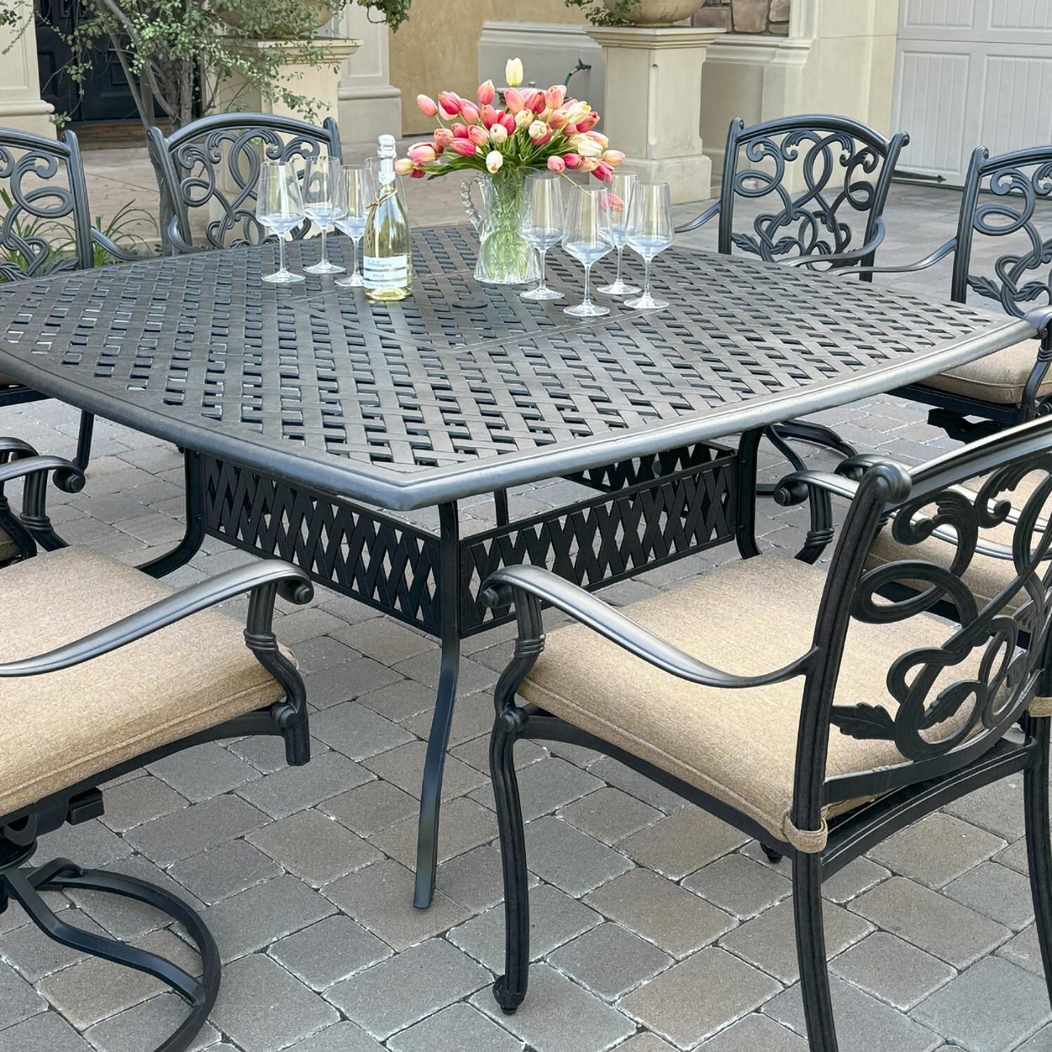 Darlee B/DL2052-9PCDR-30W Santa Monica 9 Pc Cast Aluminum Dining Set in Antique Bronze - Angled View - Lifestyle thumbnail