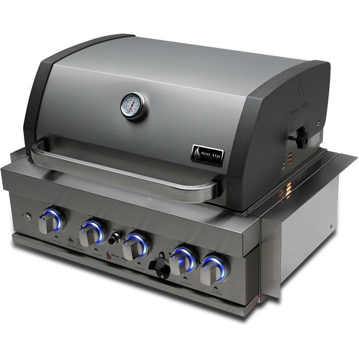 Mont Alpi MA400-AW 4-Burner Stainless Steel Art-Wood Natural Gas Island Grill - Grill Head Angled Left - White Background thumbnail