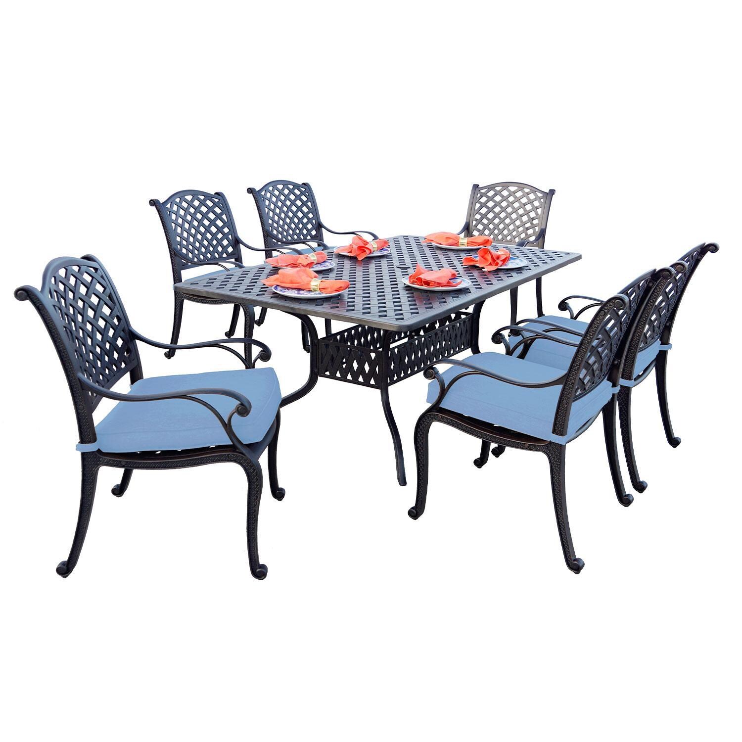 Nassau 7 Pc Cast Aluminum Dining Set w/ 72 X 42 Inch Series 30 Table in Antique Bronze/Blue by Darlee