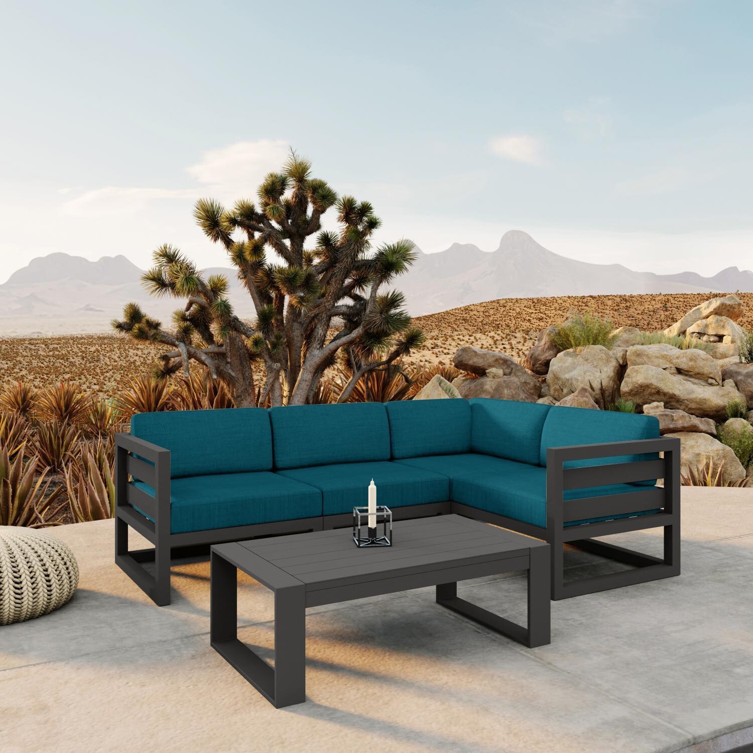 Misty Cove 5 Pc Aluminum Seating Set w/ Sectional & Portal Coffee Table in Slate/Spectrum Peacock by Lakeview Outdoor Designs