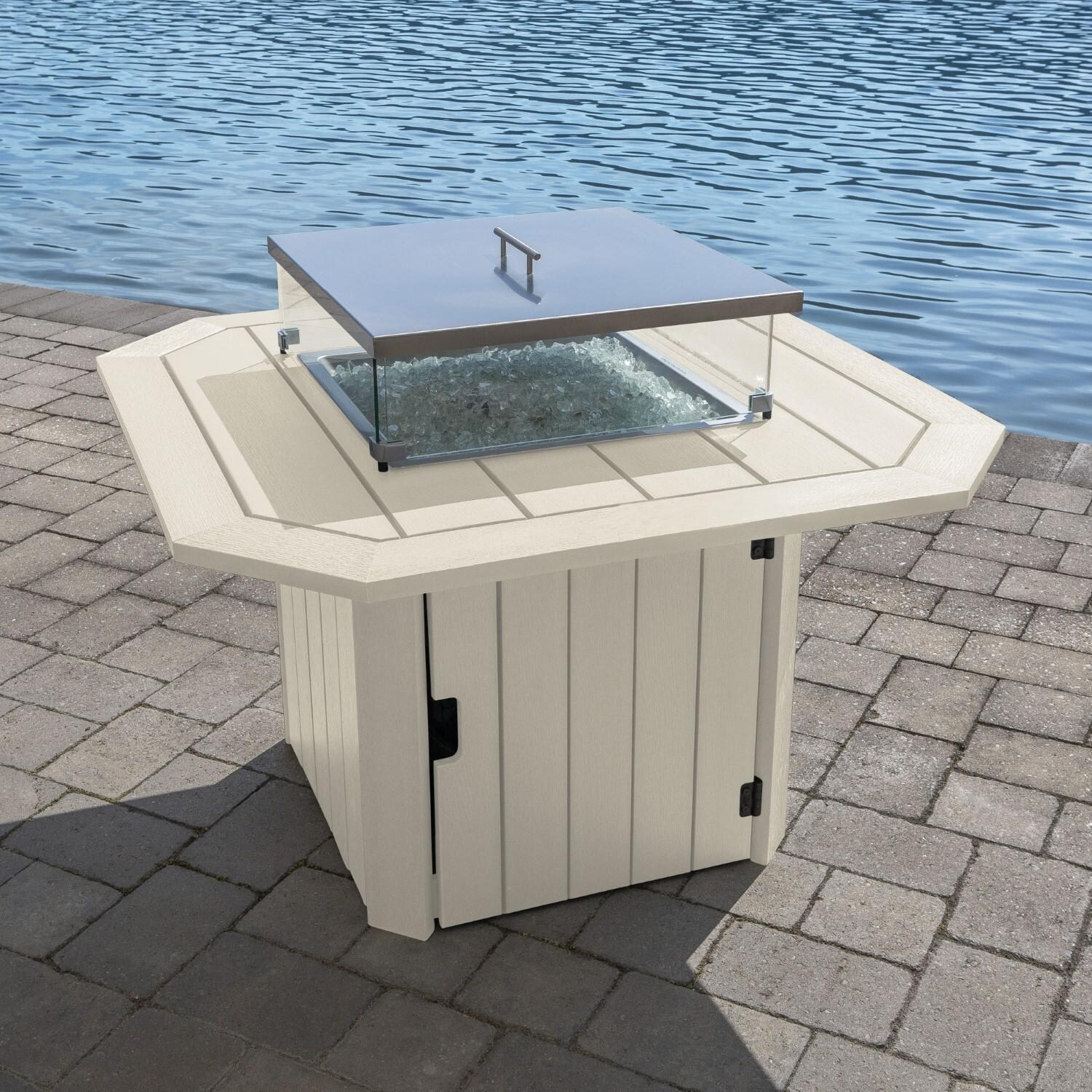 Harborview Octagonal Fire Pit Table in Whitewash by Lakeview Outdoor Designs - Off W/ Lid - Lifestyle thumbnail