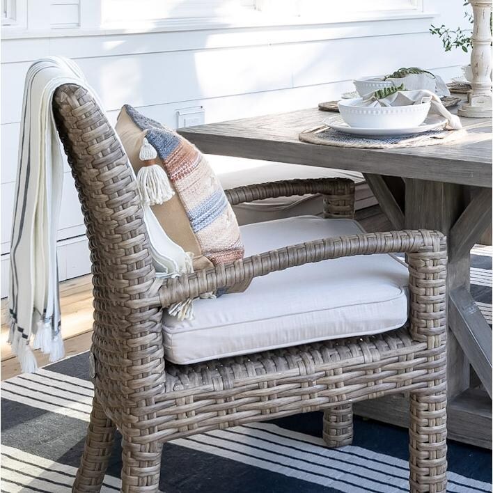 Sunset West Havana Resin Wicker Patio Dining Chair W/ Sunbrella Canvas Flax Cushion - Wicker - Lifestyle thumbnail