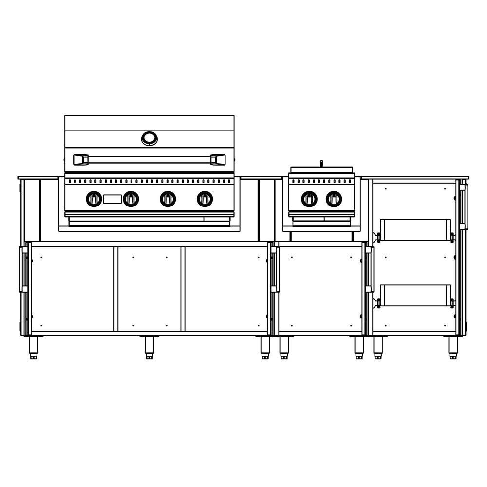 WeatherStrong Abaco 7 Ft Outdoor Kitchen Island w/ Blaze Natural Gas Grill & Side Burner in Sapphire Blue/Glacier Frost - Line Drawing Open - Dimensional thumbnail