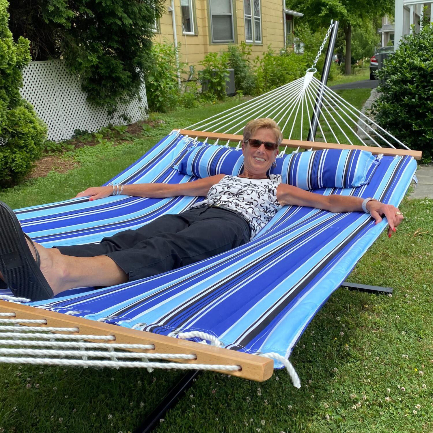 Ultimate Patio Quilted Double Hammock w/ Stand & Pillow - Catalina Beach - In Use thumbnail