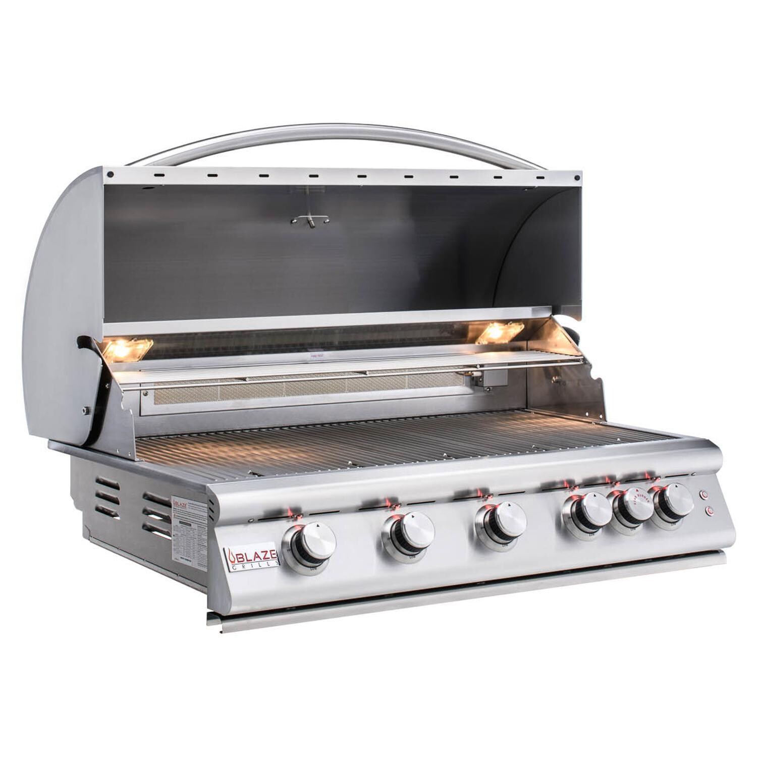Blaze BLZ-5LTE2-NG Premium LTE 40-Inch 5-Burner Built-In Natural Gas Grill With Rear Infrared Burner & Grill Lights - Hood Open - White Background thumbnail
