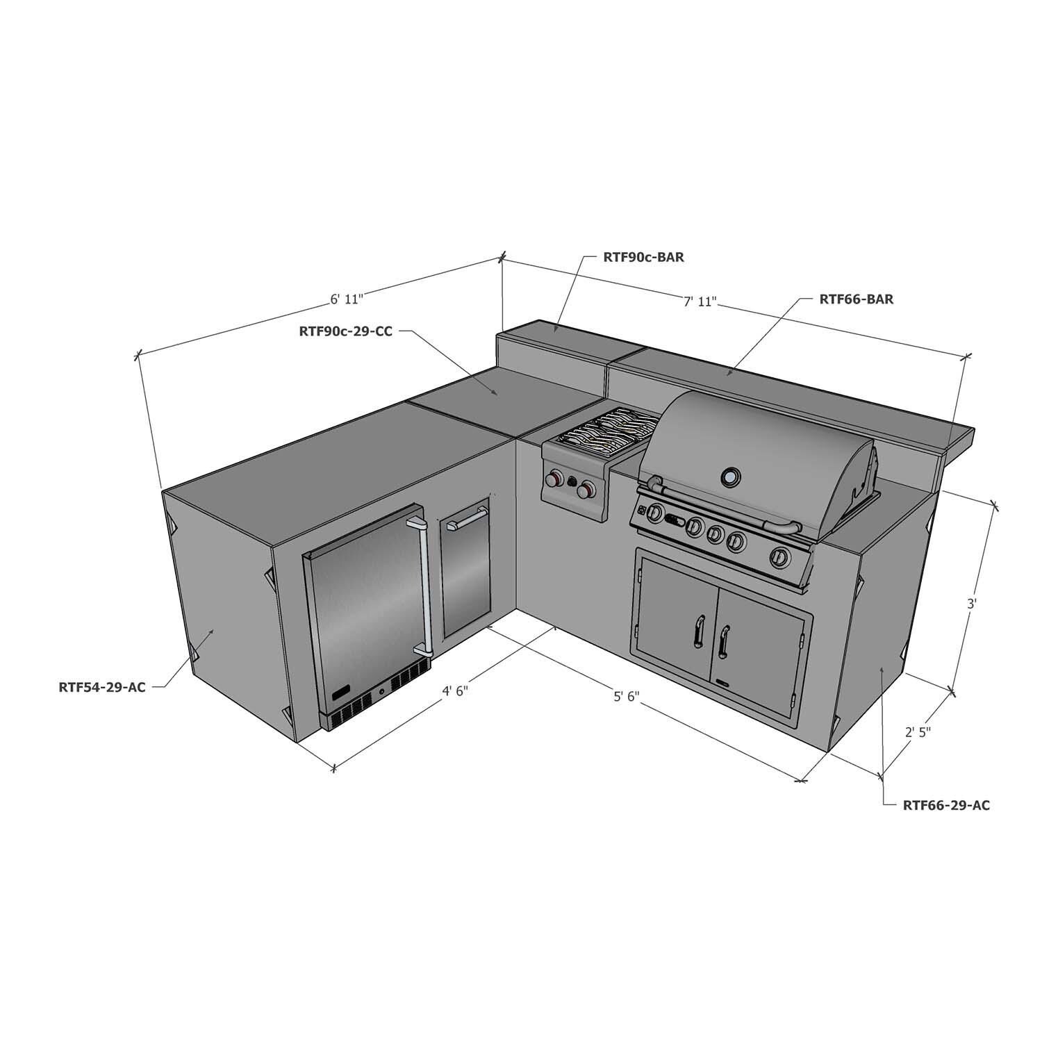 Universal 7 ft X 8 ft Ready To Finish L-Shaped Outdoor Kitchen System Appliance and Storage Cabinets W/Bars On 66 Inch & 90 Degree Corner Cabinets - W/Appliances - Dimensional thumbnail