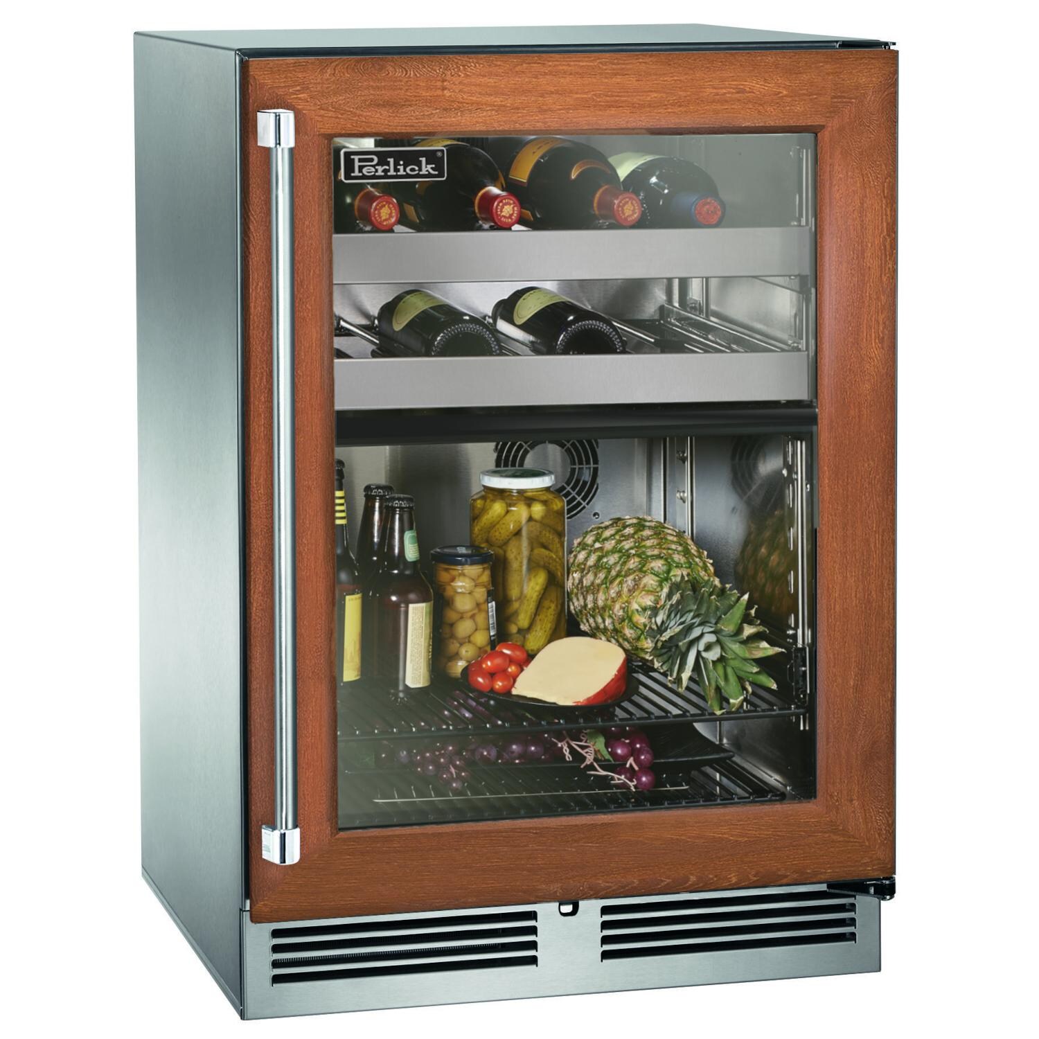 Perlick HP24CO-4-4R 24-Inch Signature Series Stainless Steel Panel Ready Glass Door Outdoor Dual Zone Refrigerator/Wine Reserve - Right Hinged - Custom Dark Wood Panel thumbnail