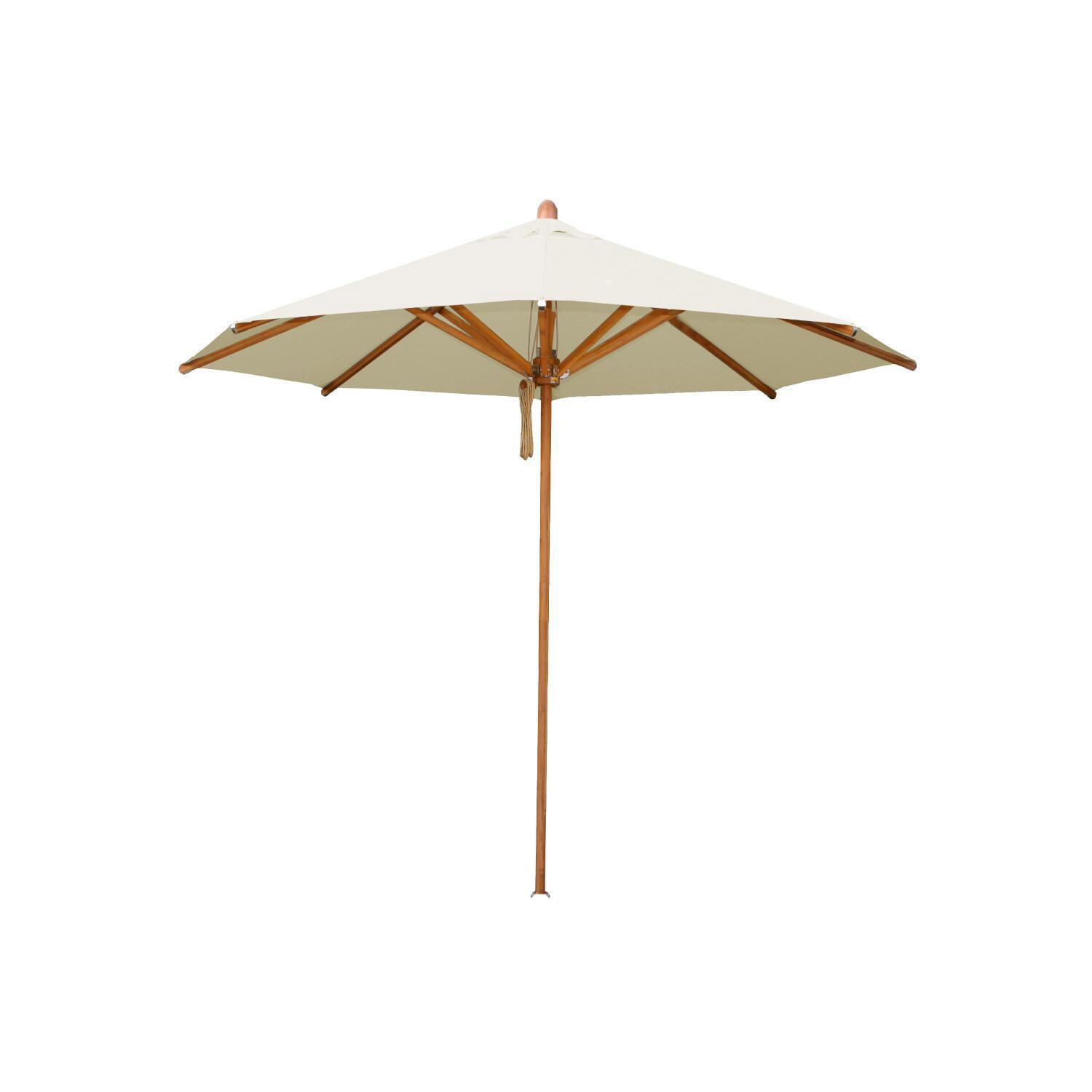 Bambrella 8.5 Ft. Octagonal Bamboo Levante Market Umbrella Set w/ 66lb Through The Table Base in Ecru - White Background thumbnail