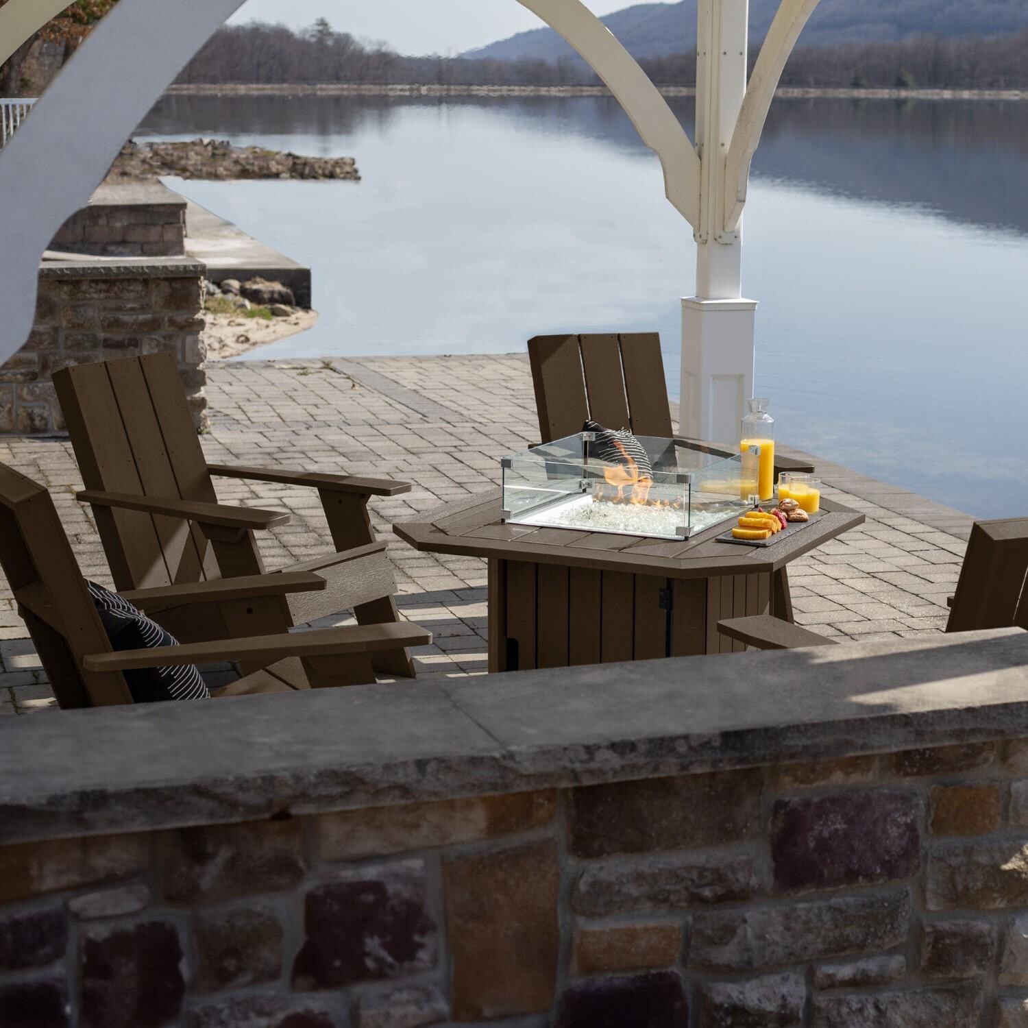 Harborview 5 Pc Adirondack Set W/ Fire Pit Table in Weathered Acorn by Lakeview Outdoor Designs - Around Lake - Lifestyle thumbnail