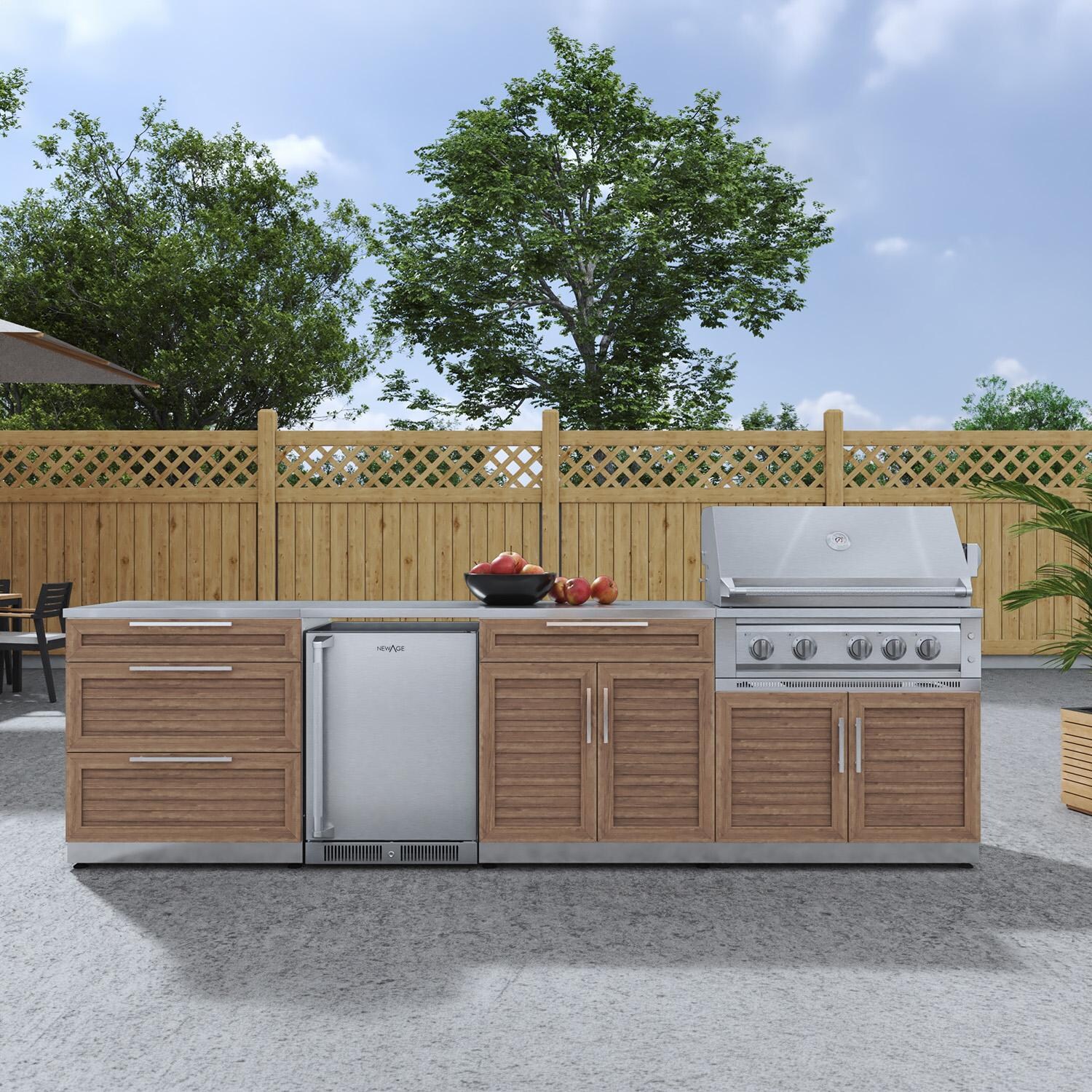 NewAge Products 67899 Classic Series 10 1/2 Ft Outdoor Kitchen Island w/ 36-in Propane Grill, Refrigerator, Trash Bin, Door & Drawer in Grove/Stainless Steel - On Patio - Lifestyle thumbnail