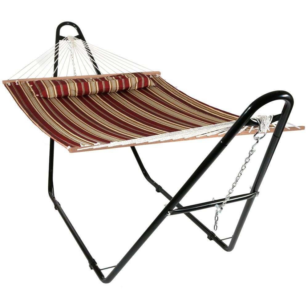 Sunnydaze Decor Quilted Double Hammock w/ Pillow & Universal Stand - Red Stripe - QFH-RD-MHS-Combo image