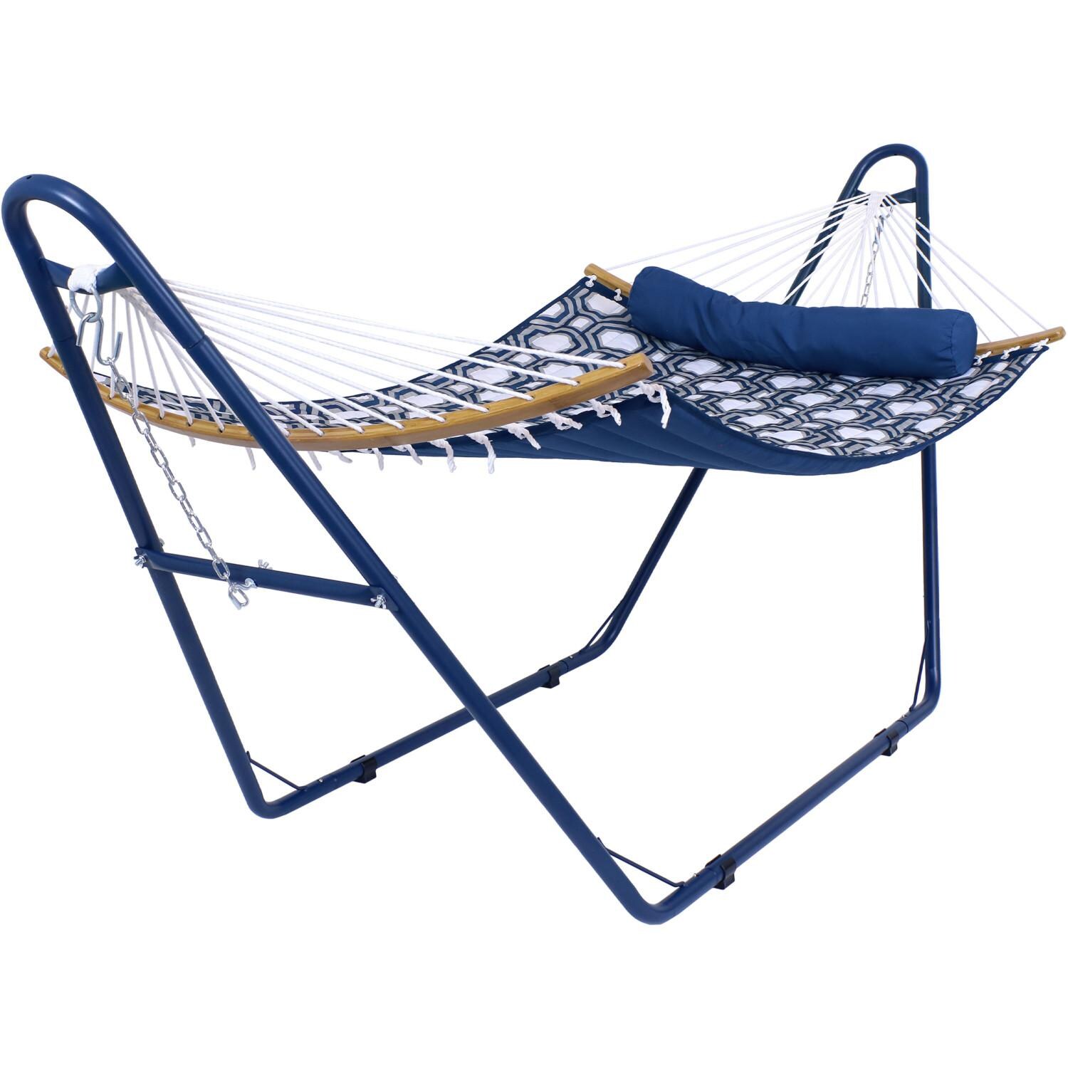 Sunnydaze Decor Quilted Double Hammock w/ Universal Multi-Use Stand & Pillow - Navy and Gray Octagon - LY-B124-Combo image