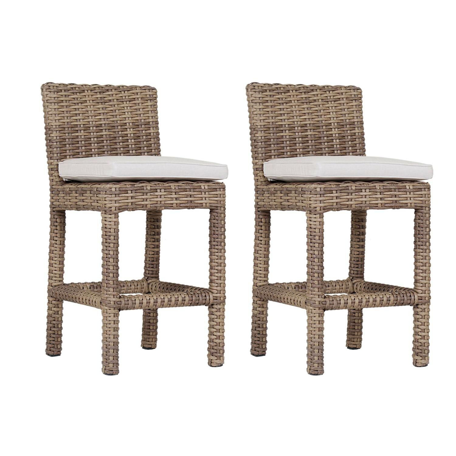 Havana 2 Piece Resin Wicker Patio Counter Stool Set W/ Sunbrella Canvas Flax Cushions By Sunset West