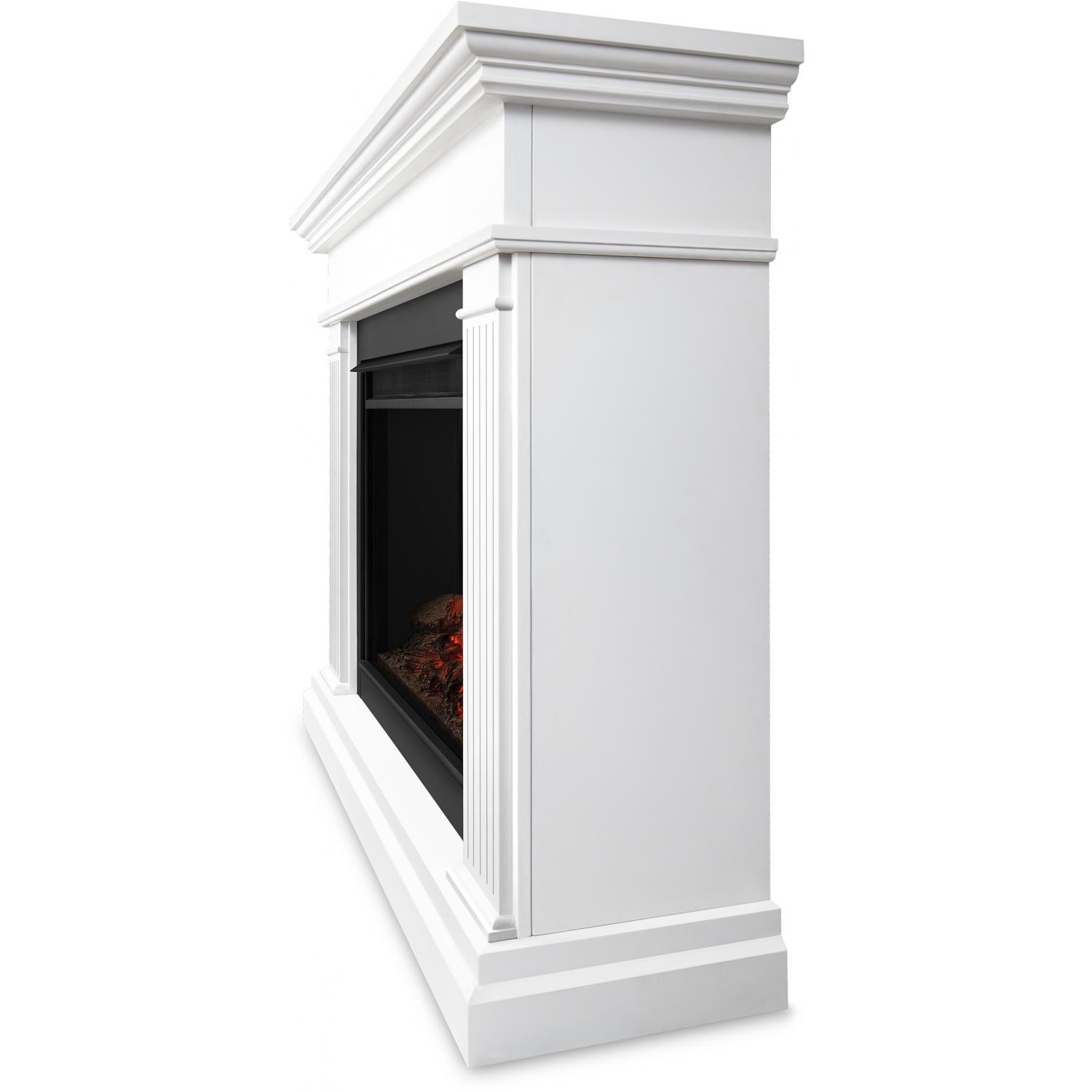 Real Flame Kennedy Grand 55-Inch Electric Fireplace With Mantel - White - 8070E-W : Gas Log Guys Featuring distinct columns and a contrasting black firebox surround