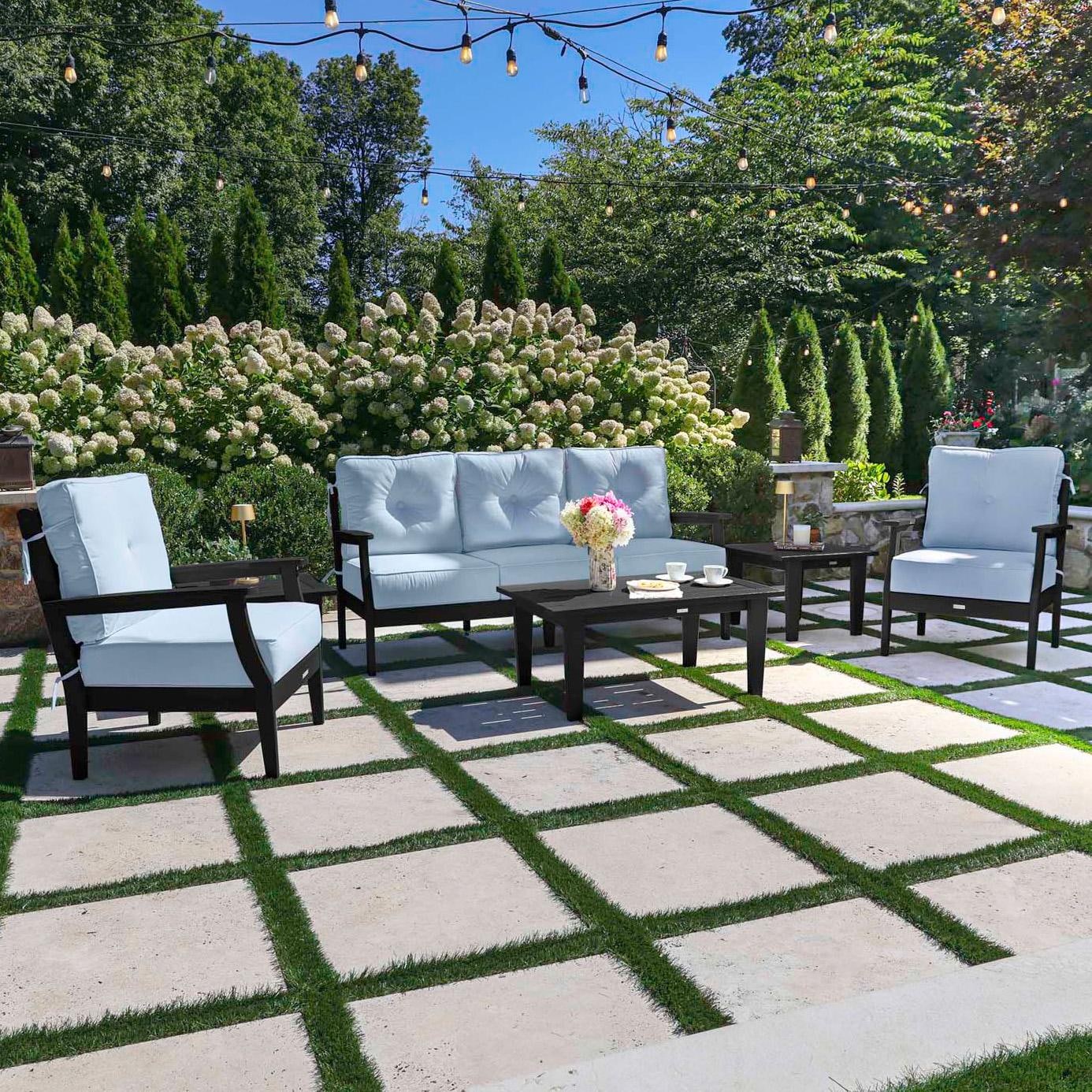 Blushing Bay 6 Pc Recycled Plastic Seating Set w/ Sofa in Bliss Dew/Black by Lakeview Outdoor Designs