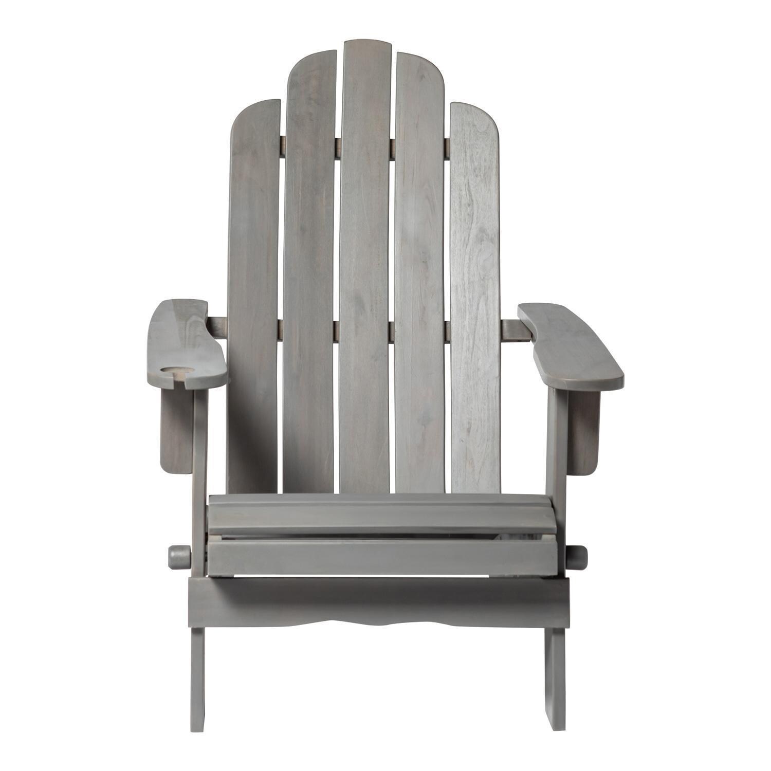 Ultimate Patio Folding Acacia Patio Adirondack Chair W/ Wine Glass Holder - Gray Wash - Front View thumbnail