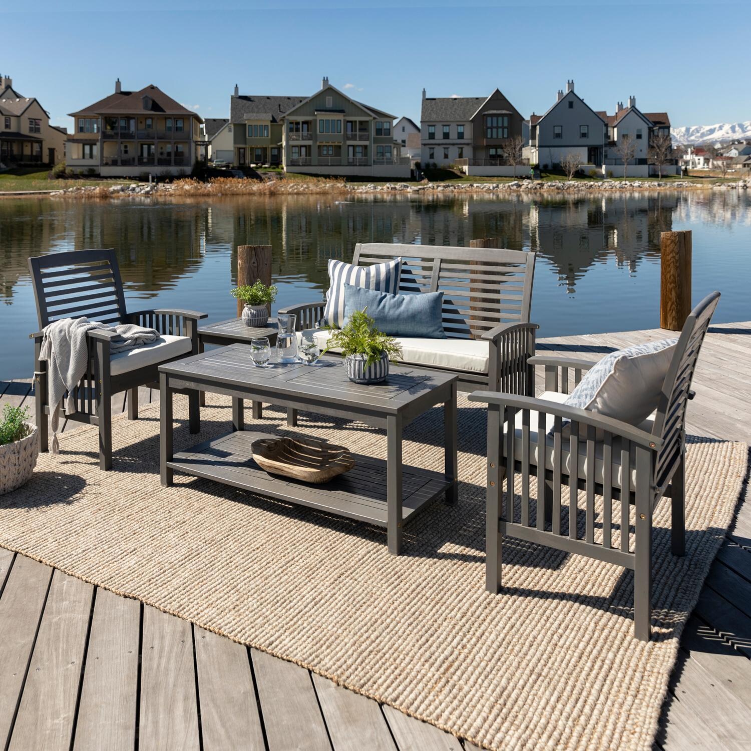 Ultimate Patio 5 Piece Acacia Patio Conversation Set W/ 48 X 24 Inch Rectangular Table - Gray Wash - Lifestyle thumbnail