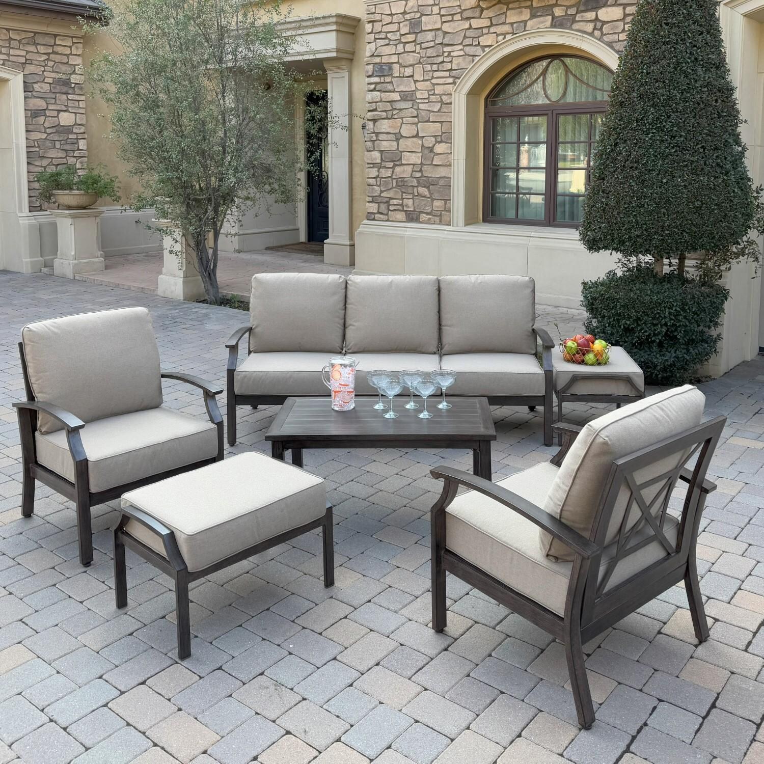 Atlantis 4 Pc Aluminum Seating Set w/ Sofa, 2 Club Chairs & 2 Ottomans in Walnut/Beige by Darlee - Hero - Lifestyle thumbnail