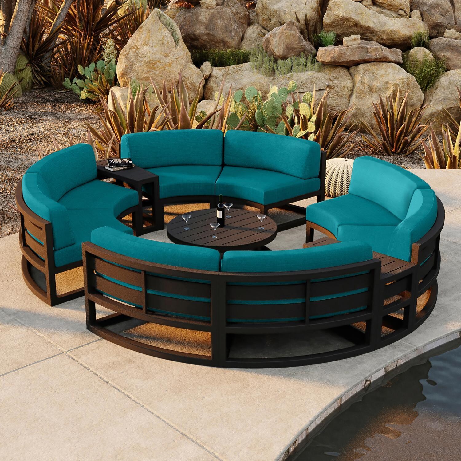 Misty Cove 7 Pc Aluminum Seating Set - Curved Sectional in Black/Spectrum Peacock by Lakeview Outdoor Designs