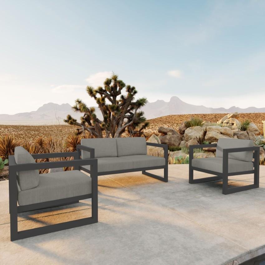 Misty Cove 3 Piece Seating Set in Slate w/Loveseat & Canvas Charcoal Cushions by Lakeview - On The Patio - Lifestyle thumbnail