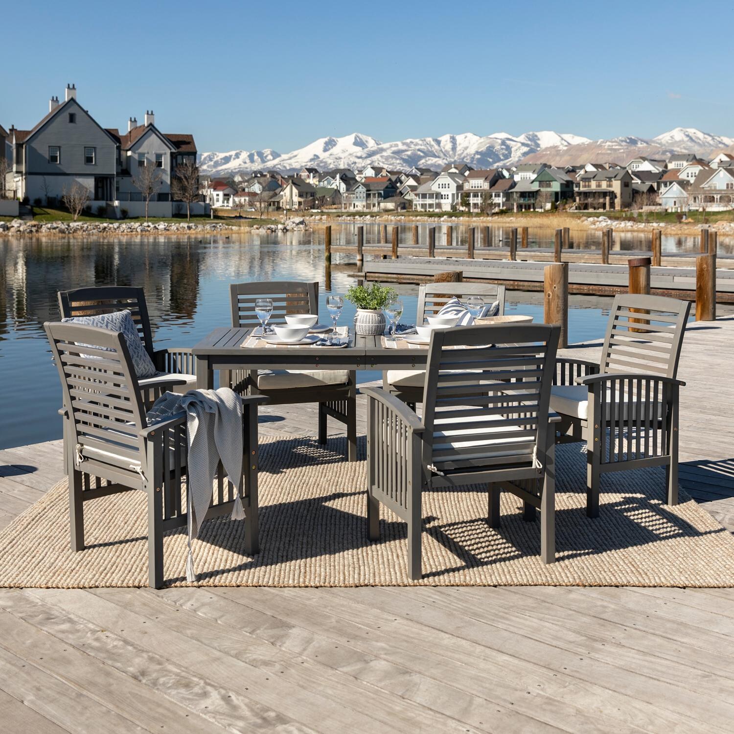 Walker Edison Midland 7 Piece Acacia Patio Dining Set W/ 60 X 32 Inch?Rectangular?Table - Grey Wash image