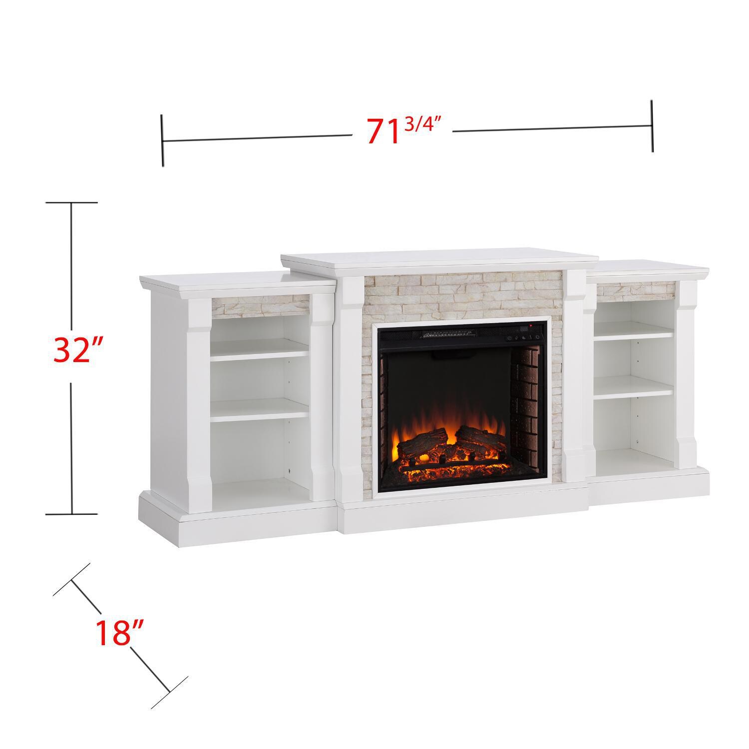 Southern Enterprises Gallatin 71-Inch Electric Fireplace W/ Bookcases - White W/ White Faux Stone - FE8526 - Measurements thumbnail