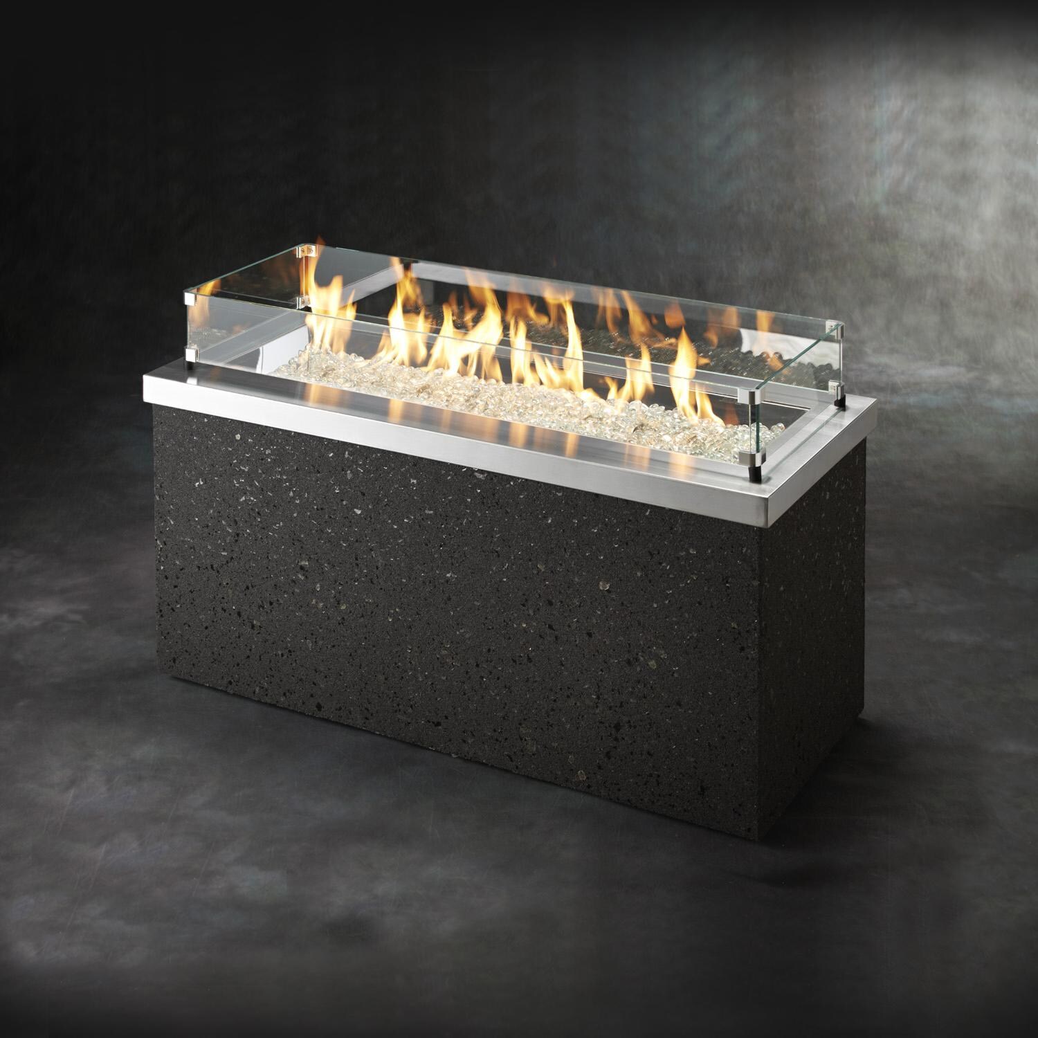 The Outdoor GreatRoom Company Key Largo Linear Gas Fire Pit Table - Stainless Steel - Glass wind guard pictured is optional accessory thumbnail