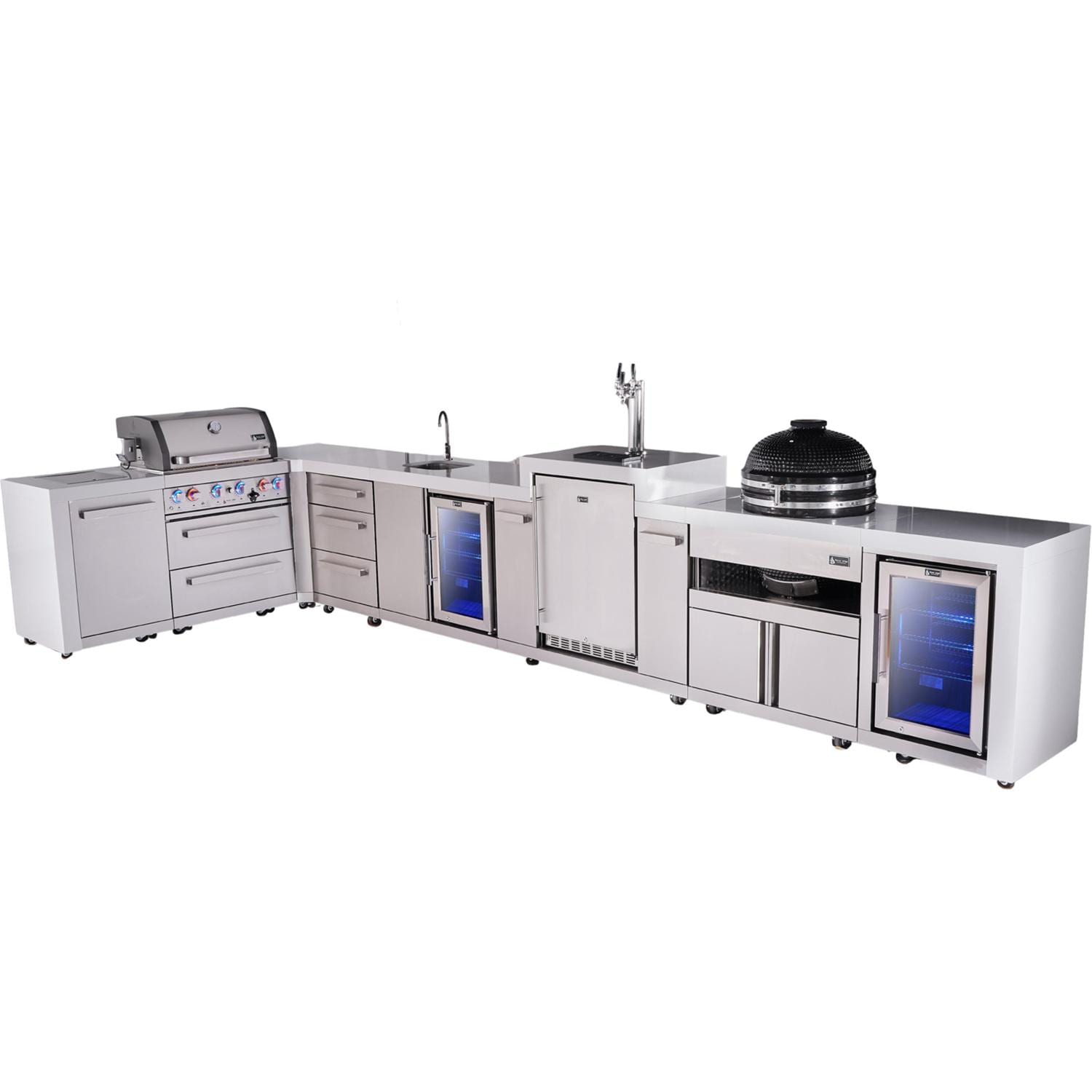 Mont Alpi Deluxe Series 13 1/2 Ft L-Shaped Natural Gas Outdoor Kitchen Island w/ 32-in Grill, Side Burner, Beverage Center, Kegerator, Fridge, Kamado Module & Extra Door (Ships Propane w/ Conversion Kit) - Island - White Background thumbnail