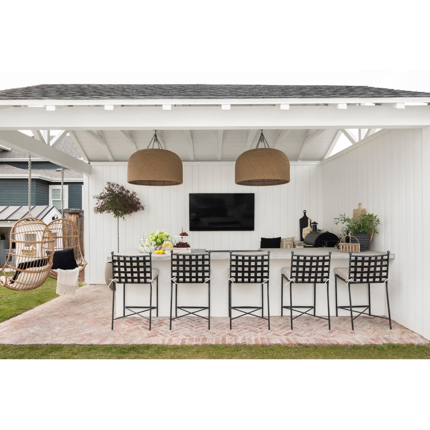 Provence 2 Piece Wrought Iron Patio Bar Stool Set W/ Sunbrella Canvas Flax Cushions By Sunset West - Lifestyle thumbnail