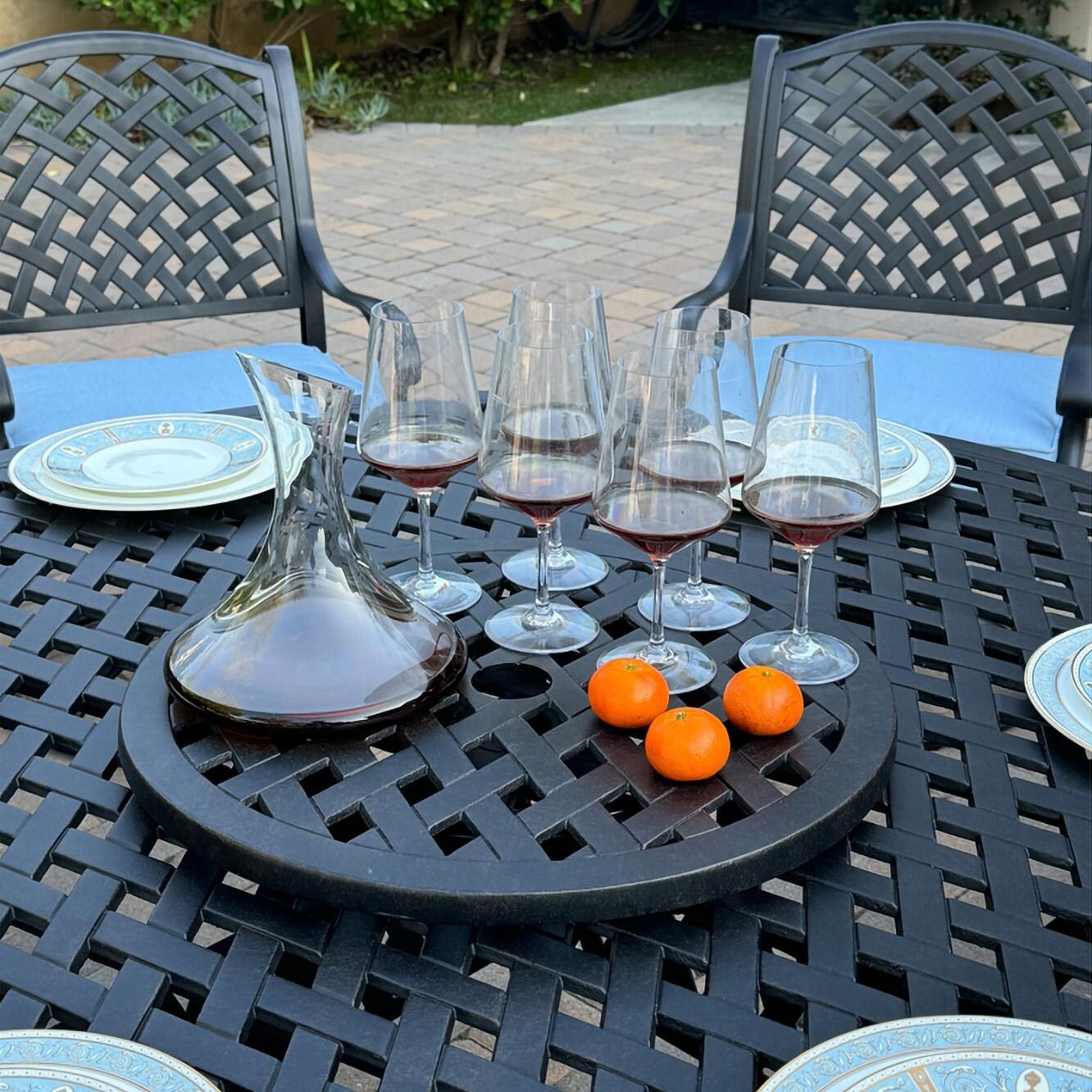 Darlee B/DL13-8PCAR-30D3921-B Nassau 8 Pc Cast Aluminum Dining Set in Antique Bronze w/ Blue Cushions - Lazy Susan - Lifestyle thumbnail