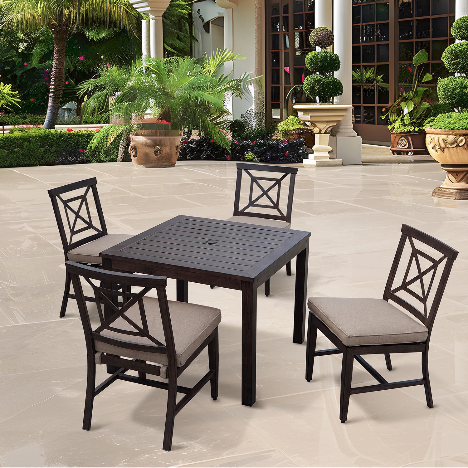 Atlantis 5 Pc Aluminum Dining Set w/ Beige Cushions in Walnut By Darlee - Lifestyle thumbnail