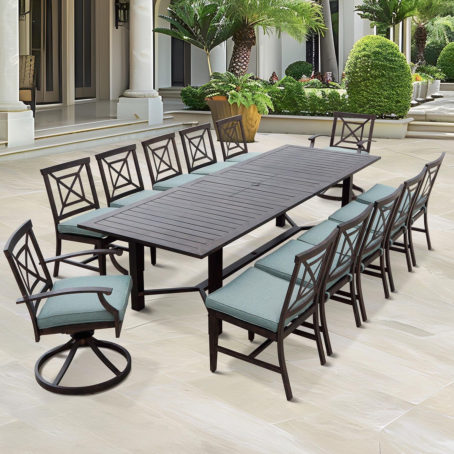 Atlantis 13 Pc Aluminum Dining Set w/ 118 Inch Table, Swivel Rockers, and Spa Cushions in Walnut By Darlee - On Patio - Lifestyle thumbnail