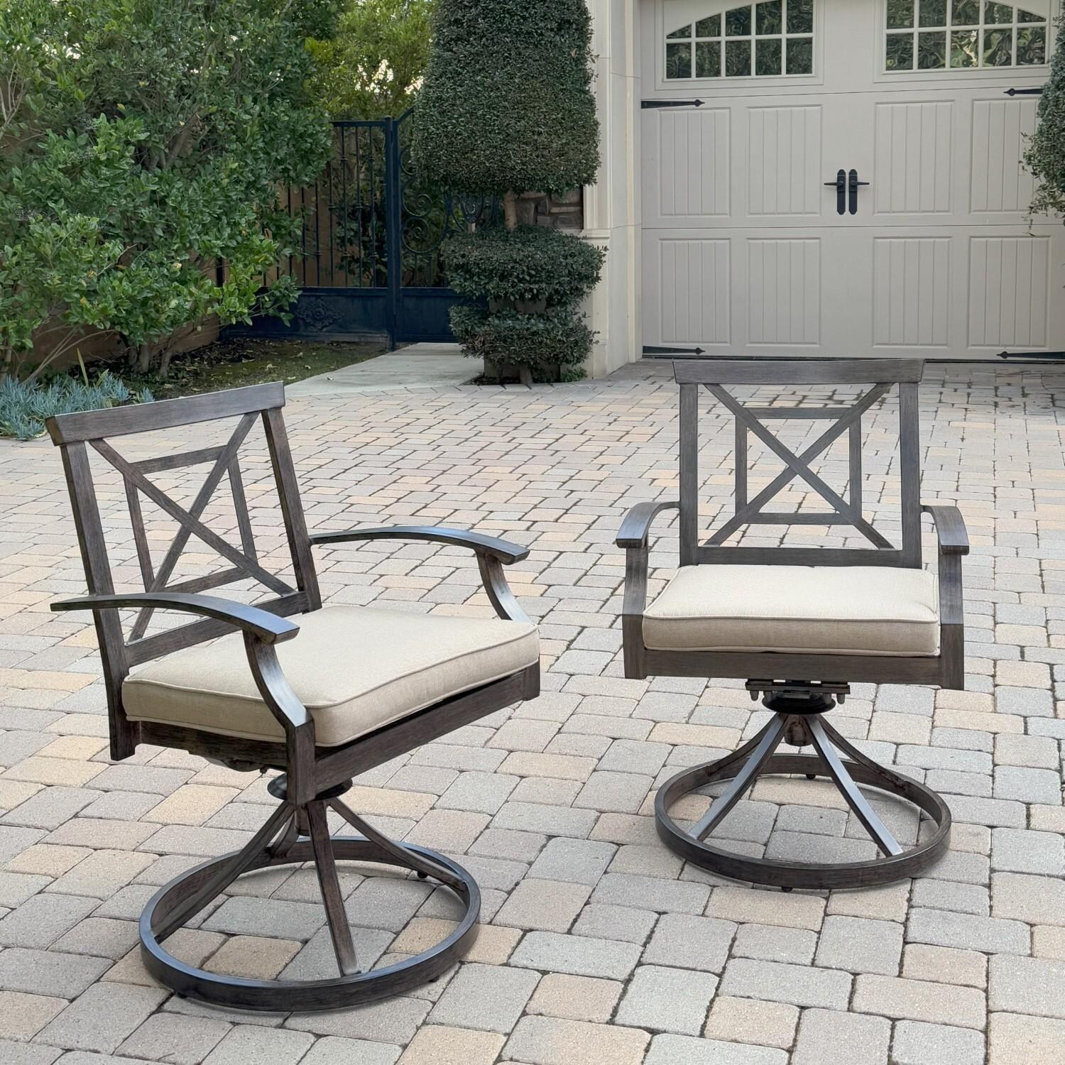 Atlantis 7 Pc Aluminum Dining Set w/ 2 Swivel Rocker Dining Arm Chairs, 4 Two Person Benches & Extension Tablein Walnut/Beige by Darlee - Chairs - Lifestyle thumbnail