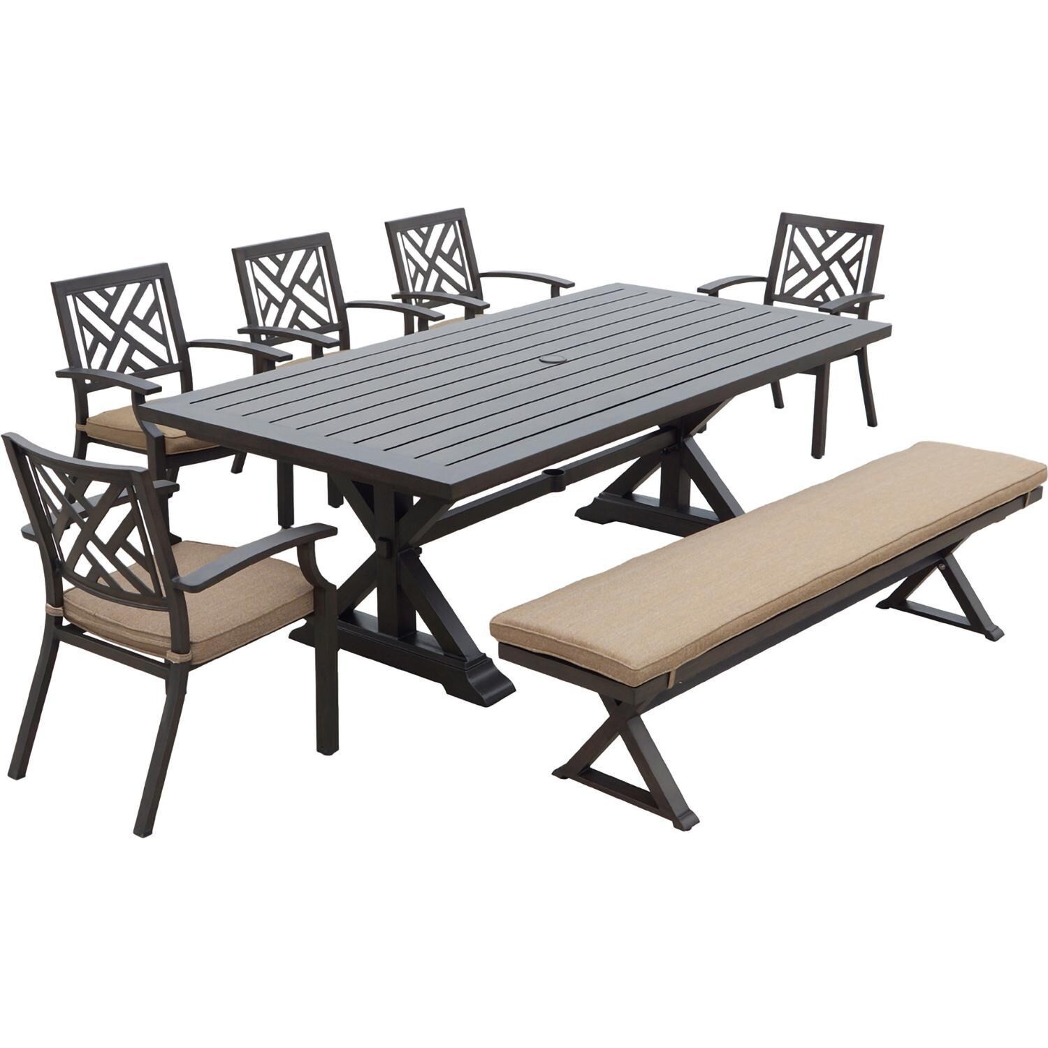 Brooklyn 7 Pc Aluminum Dining Set w/ 86 X 44 Inch Table w/ Bench & 5 Arm Chairs in Multi Brown/Sesame by Darlee