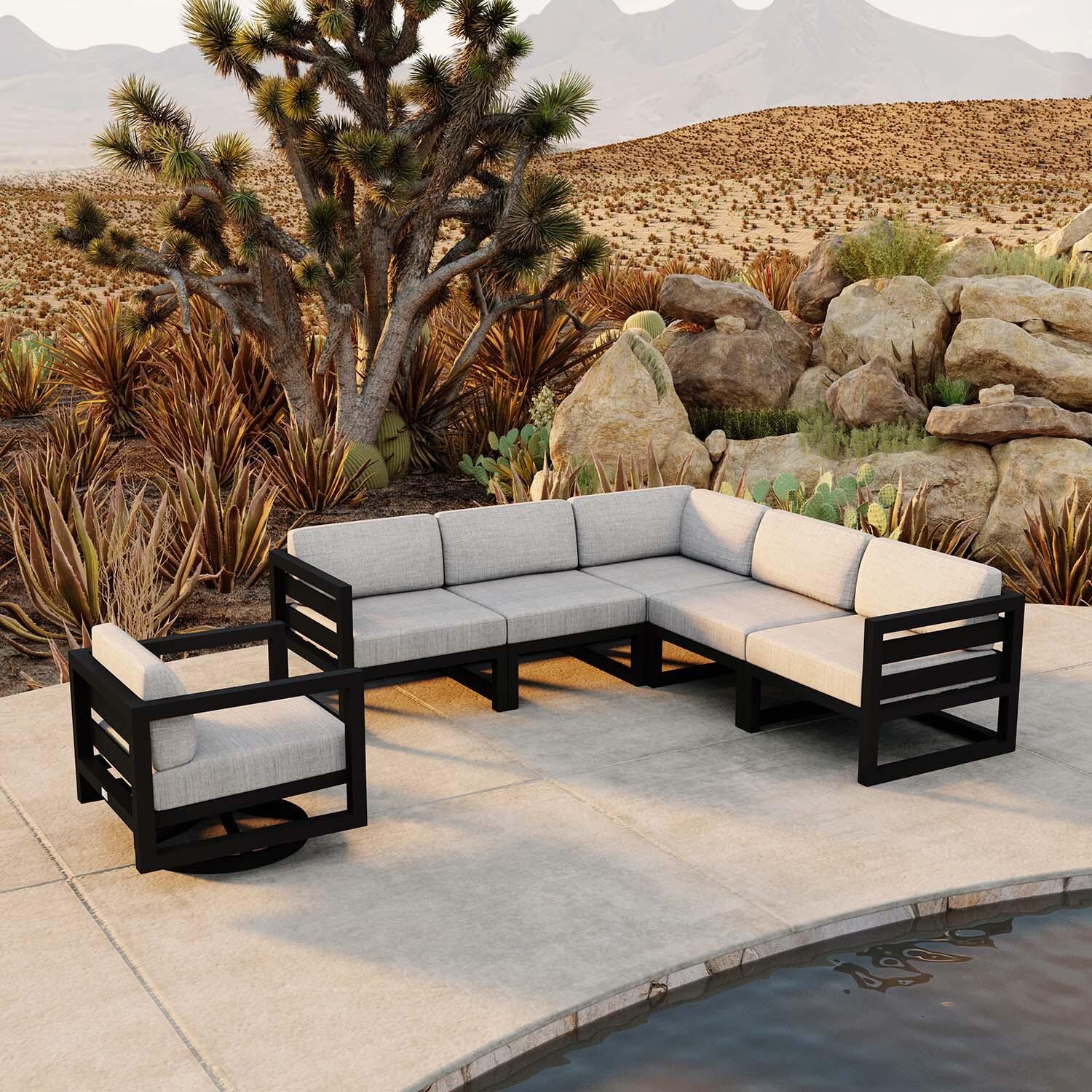 Misty Cove 6 Pc Aluminum Sectional Seating Set w/ Swivel Chairs in Black/Cast Silver by Lakeview Outdoor Designs