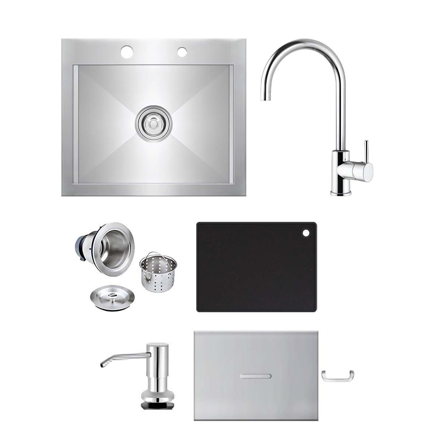 BBQGuys Signature 21-in Outdoor Rated Stainless Steel Drop-In Sink w/ Hot/Cold Faucet - White Background thumbnail