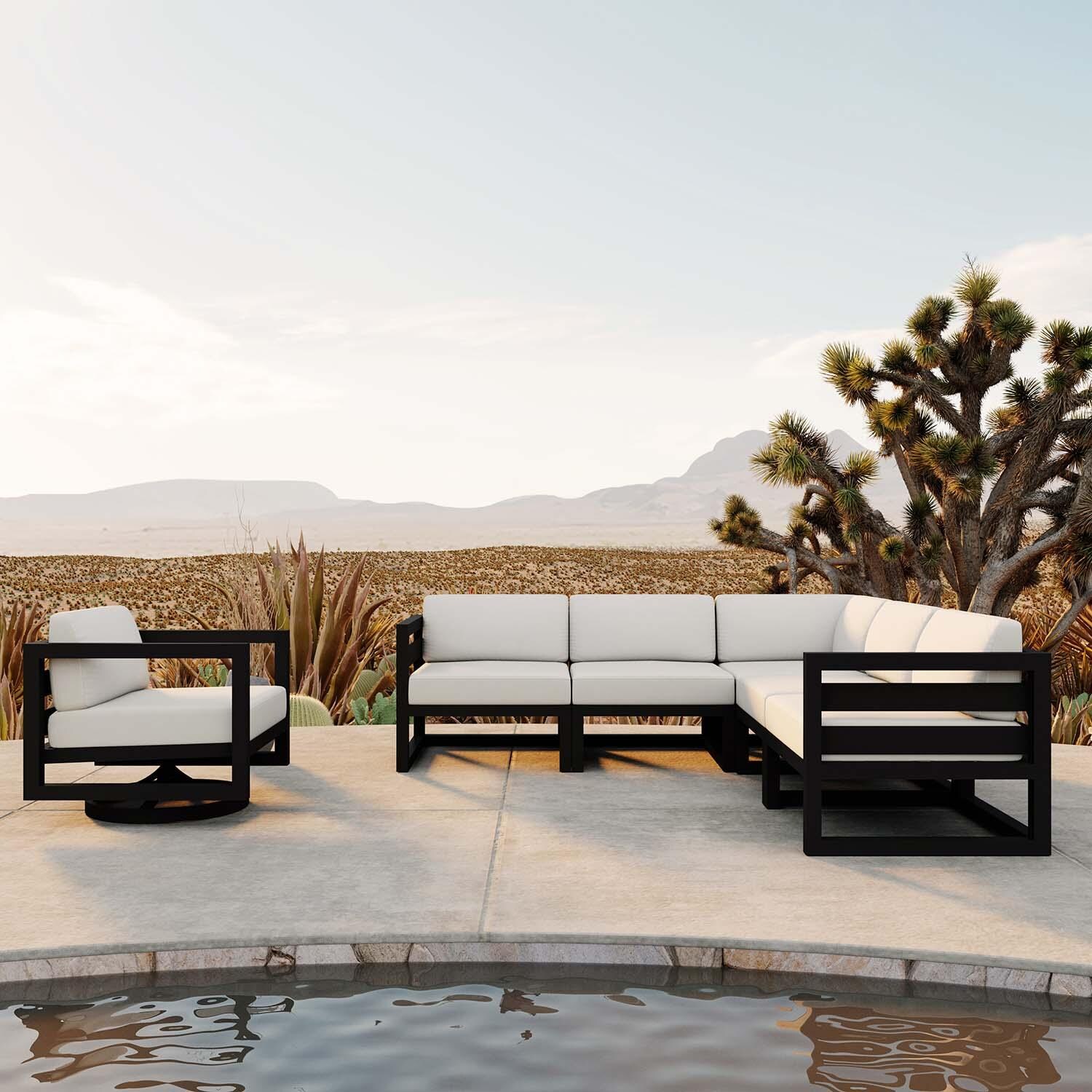 Misty Cove 6 Pc Aluminum Sectional Seating Set w/ Swivel Chairs in Black/Canvas Natural by Lakeview Outdoor Designs - Front View - Lifestyle thumbnail