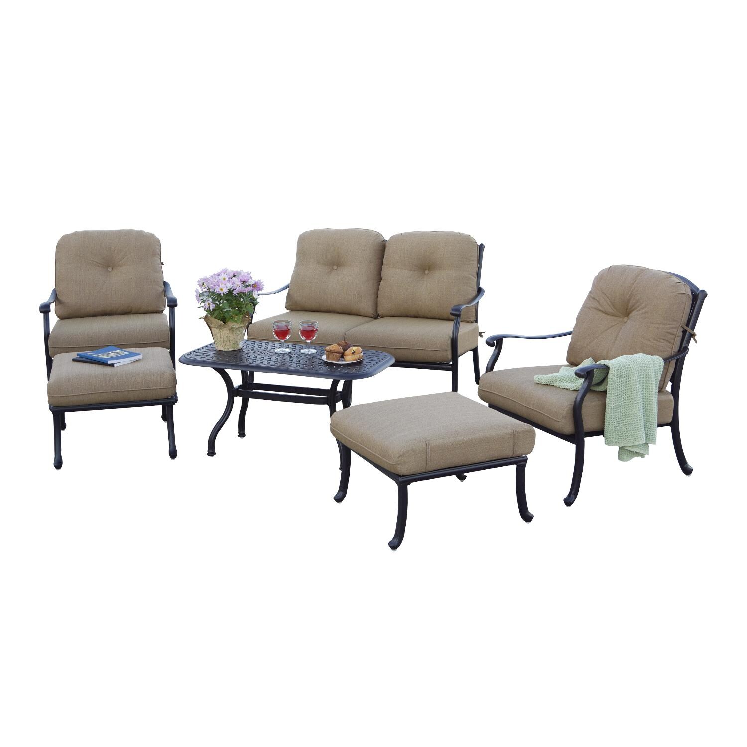 Sedona 6 Piece Cast Aluminum Patio Conversation Set W/ Sesame Cushions By Darlee