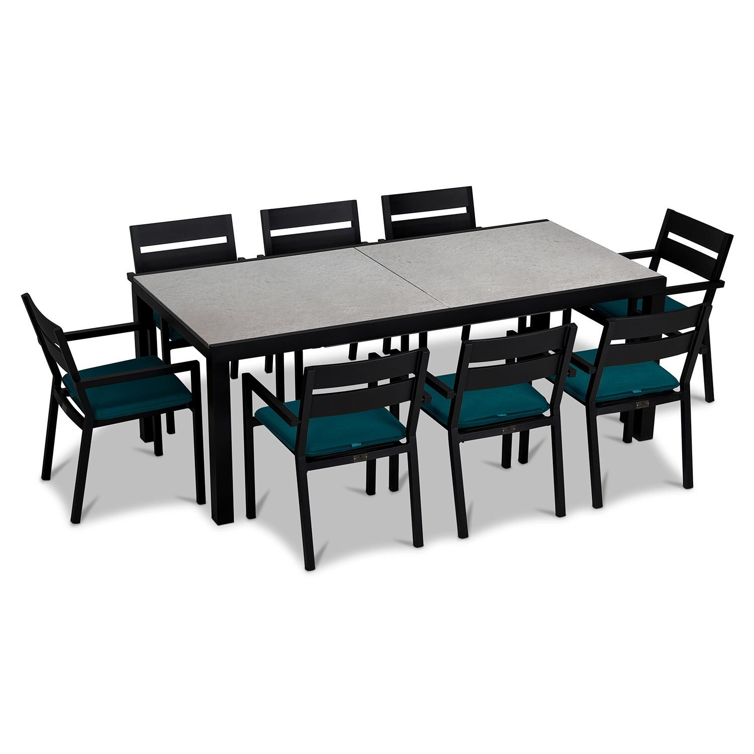 Calm Bay 9 Pc Extendable Aluminum Dining Set in Black/Concrete/Spectrum Peacock by Lakeview Outdoor Designs