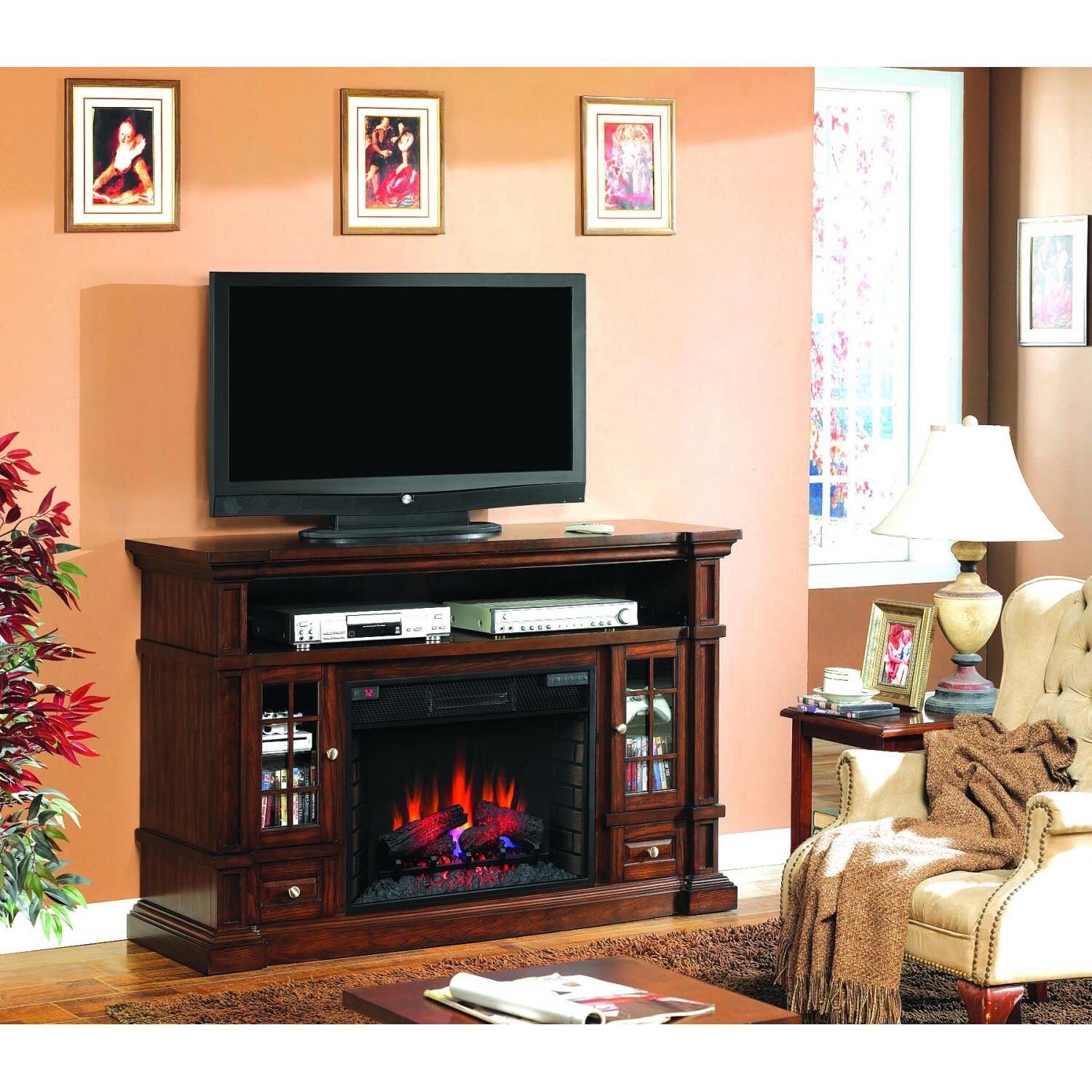 Belmont 60Inch Electric Fireplace Media Console Caramel Oak
