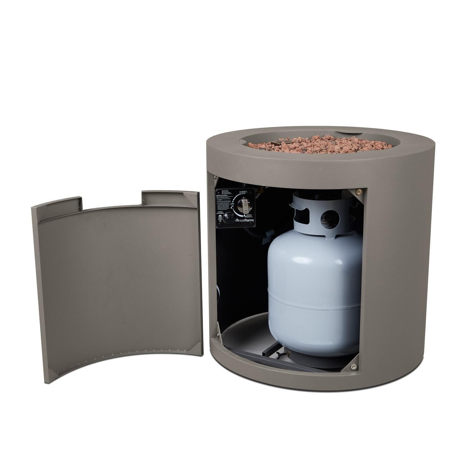 Elysian 24 Inch Round Steel Propane Fire Pit Table in Mist Gray by Lakeview - Propane Tank Hideaway - Detail thumbnail