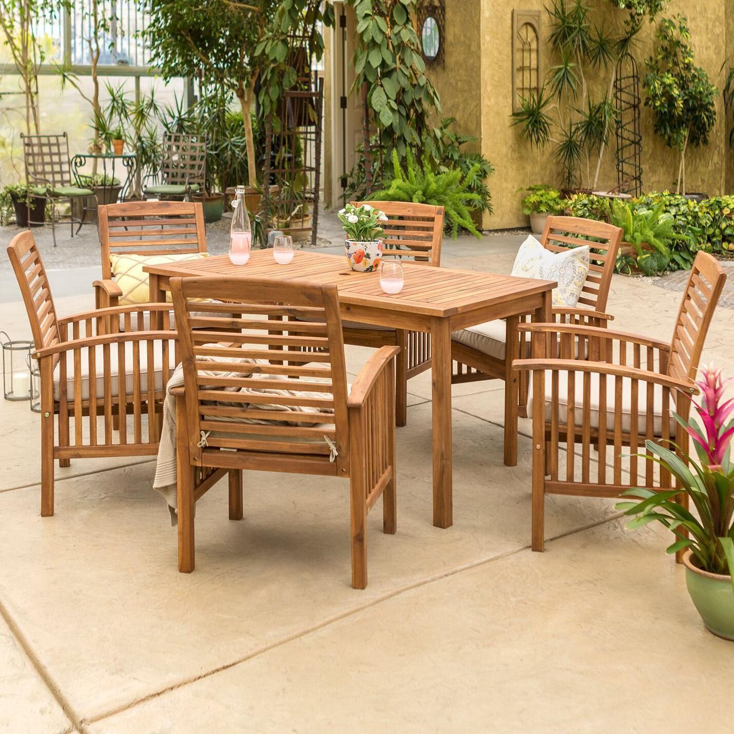 Ultimate Patio Horizon Way 7 Piece Brown Acacia Patio Dining Set W/ 60 X 34 Inch Rectangular Table & Natural Cushions thumbnail