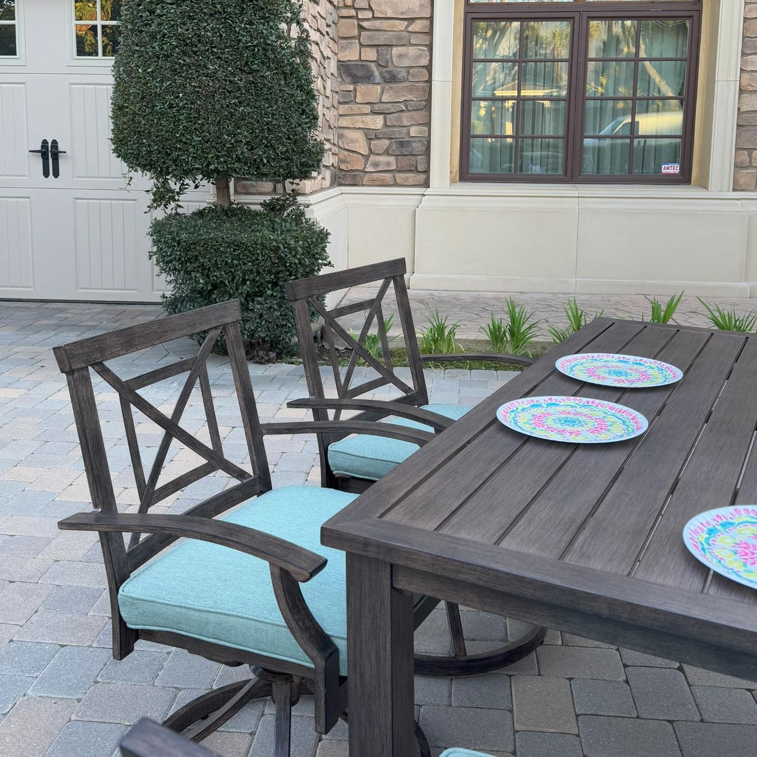 Atlantis 8 Pc Aluminum Dining Set w/ 4 Dining Side Chairs, 2 Swivel Rocker Dining Arm Chairs & Two Person Bench in Walnut/Spa by Darlee - Chairs At Table - Lifestyle thumbnail