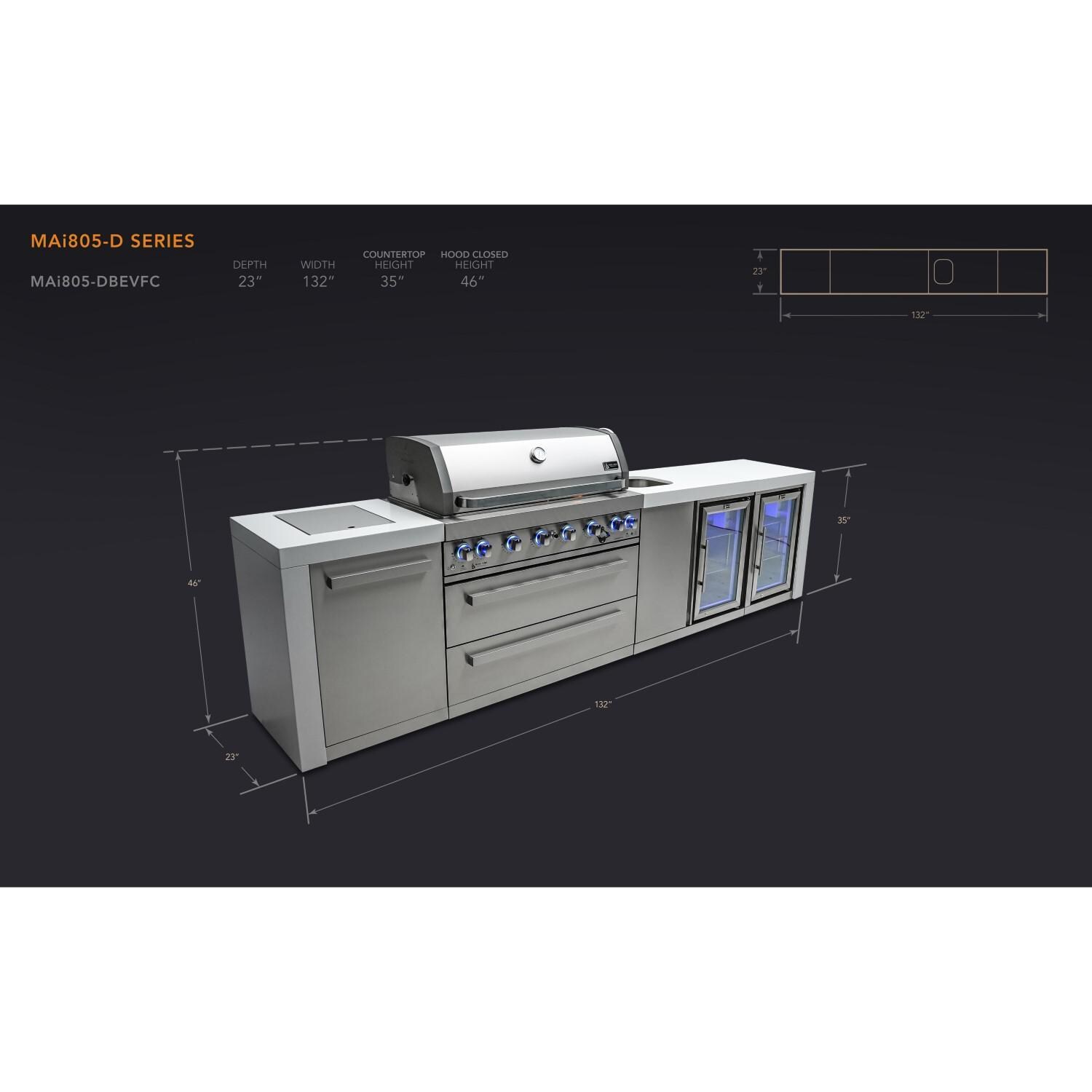 Mont Alpi - MAi805-DBEVFC - Mont Alpi 805 Deluxe Propane Gas Island Grill W/ Beverage Center, Refrigerator Cabinet, Infrared Side Burner, & Rotisserie Kit - Dimensional thumbnail