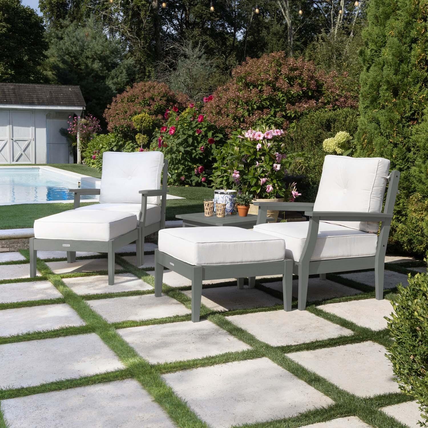 Blushing Bay 5 Pc Recycled Plastic Seating Set in Bliss Linen/Coastal Teak by Lakeview Outdoor Designs - Right Angled - Lifestyle thumbnail