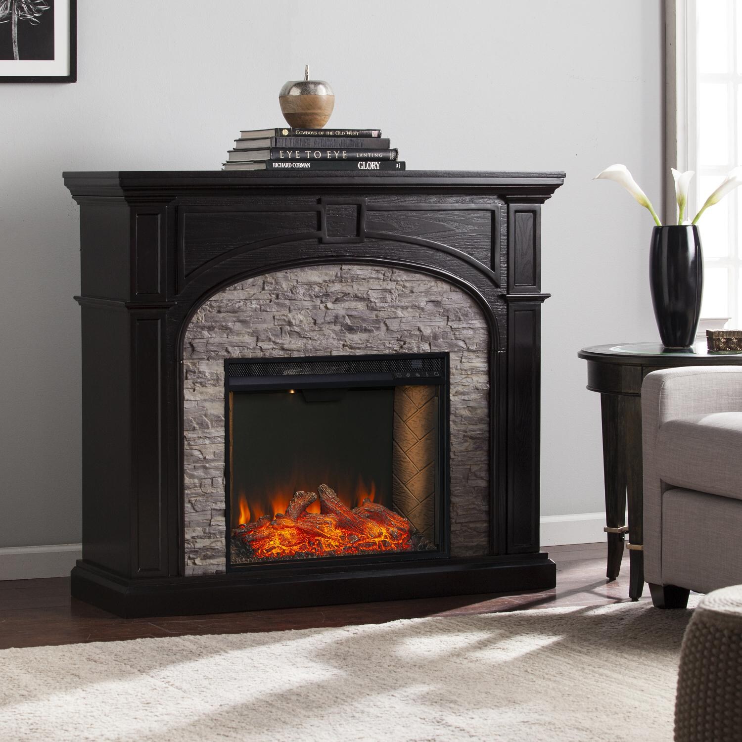 Southern Enterprises Tanaya Alexa-Enabled Smart Fireplace W/ Faux Stone - Ebony - FS9620 image