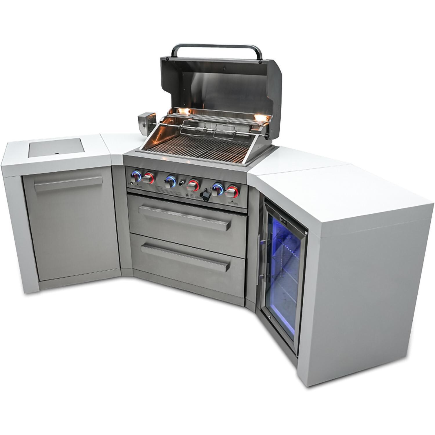 Mont Alpi - MAi400-D45FC - Deluxe 45 Degree Grill Island - Stainless Steel - Open With Burners On Angled Right - White Background thumbnail