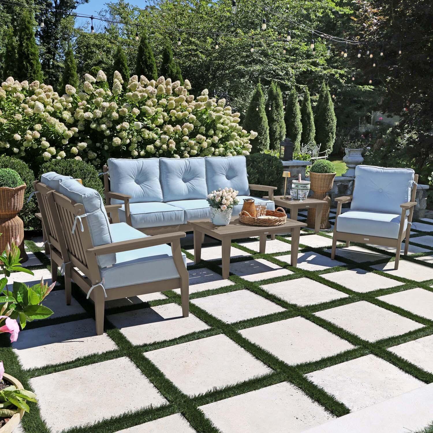 Blushing Bay 6 Pc Recycled Plastic Grand Seating Set in Bliss Dew/Woodland Brown by Lakeview Outdoor Designs - Left Angled - Lifestyle thumbnail